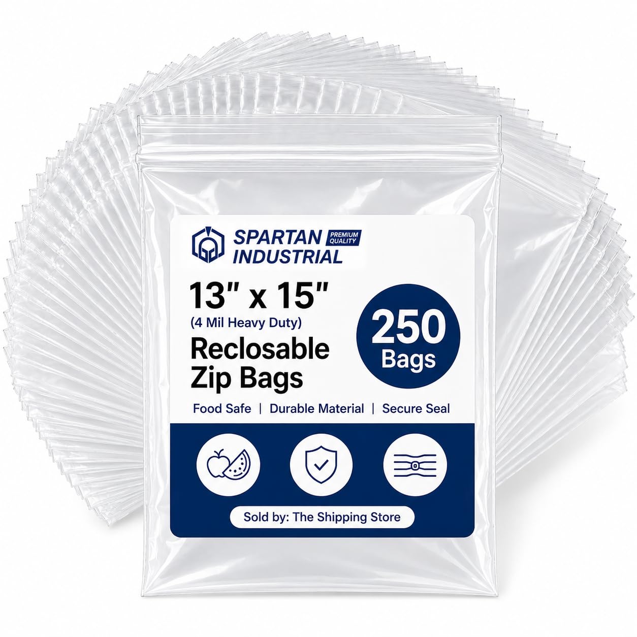 Spartan Industrial - 13” X 15” (250 Count) 4 Mil Thick Clear Reclosable Zip Plastic Poly Bags with Resealable Lock Seal Zipper - Heavy Duty and Durable