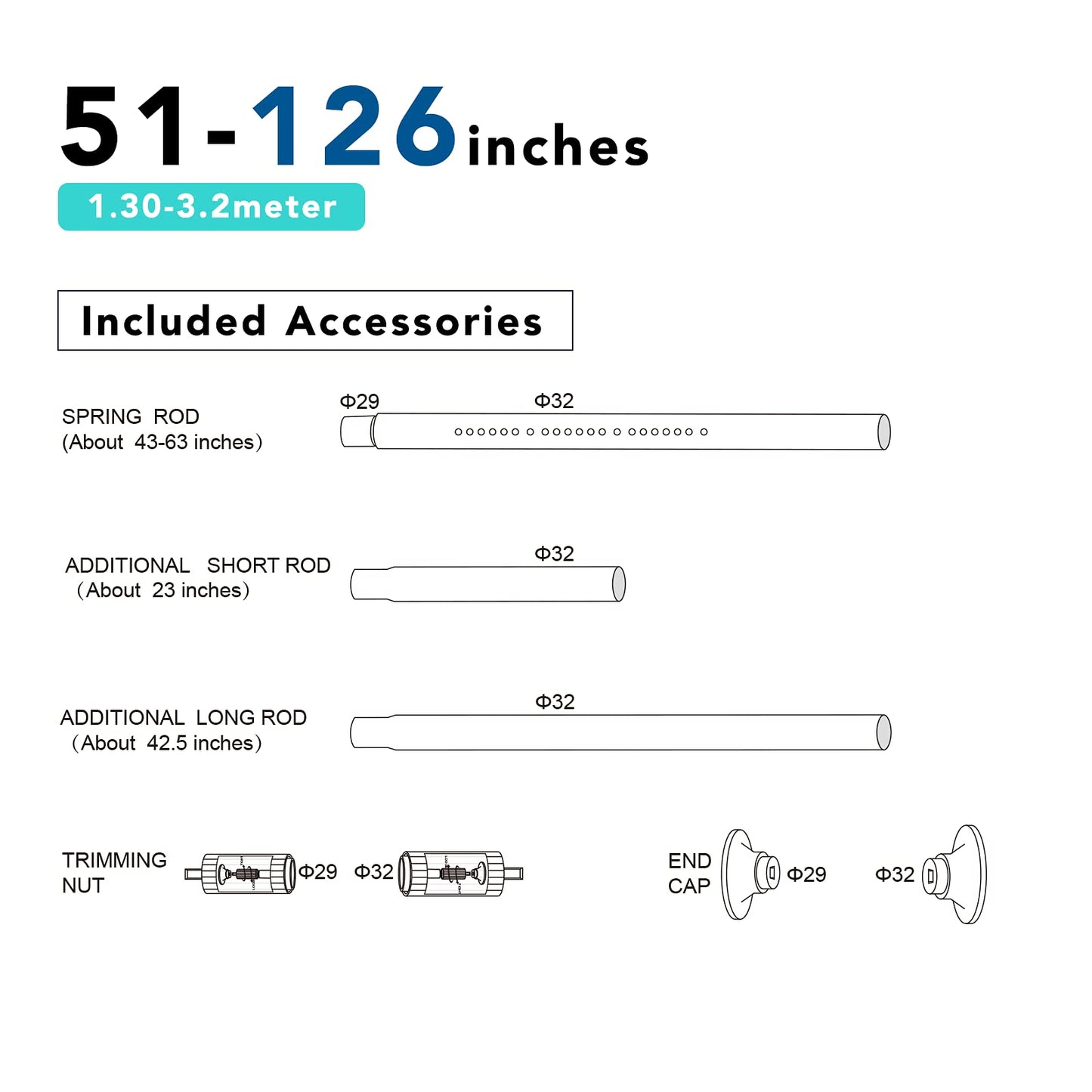 Tension Curtain Rod, 51-126 Inch,Spring Closet Rod, for Windows or Shower, Easy to Install, No Drilling, No Rust, for Bathroom, Rod Diameter 1.26 Inches, Black,Umimile