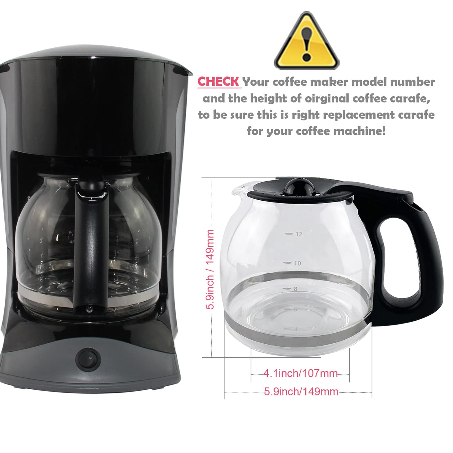 12 Cup Replacement Coffee Jug Compatible with Mr. Coffee Maker Replacement Part #PLD12 PLD12-RB Black Handle