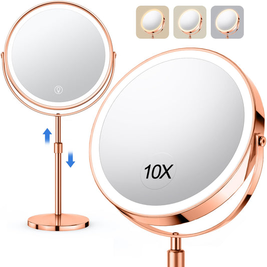 10X Large Lighted Makeup Mirror, Rechargeable 8" Height Adjustable Vanity Mirror, 1x/10x Magnifying Mirror with 3 Color, Brightness Adjustable, 360° Rotation Double Sided Mirror, Ideal Gift(Rose Gold)