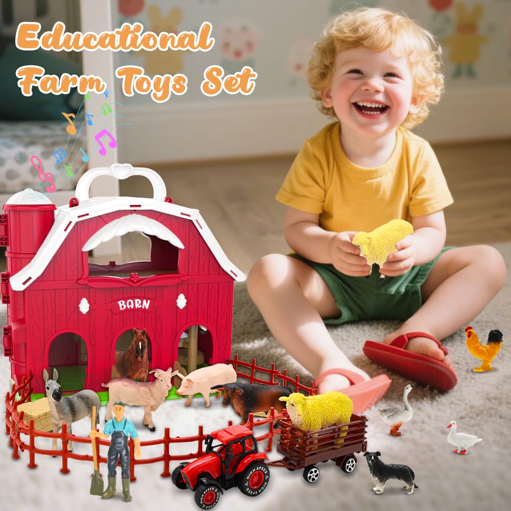Red Barn Toys for Toddlers 1-3, Farm Animal Figures Playset with Tractor for 2 3 4 5 Year Old Kids, Musical Preschool Montessori STEM Learning Toys, Christmas Birthday Easter Gift for Boys Girls