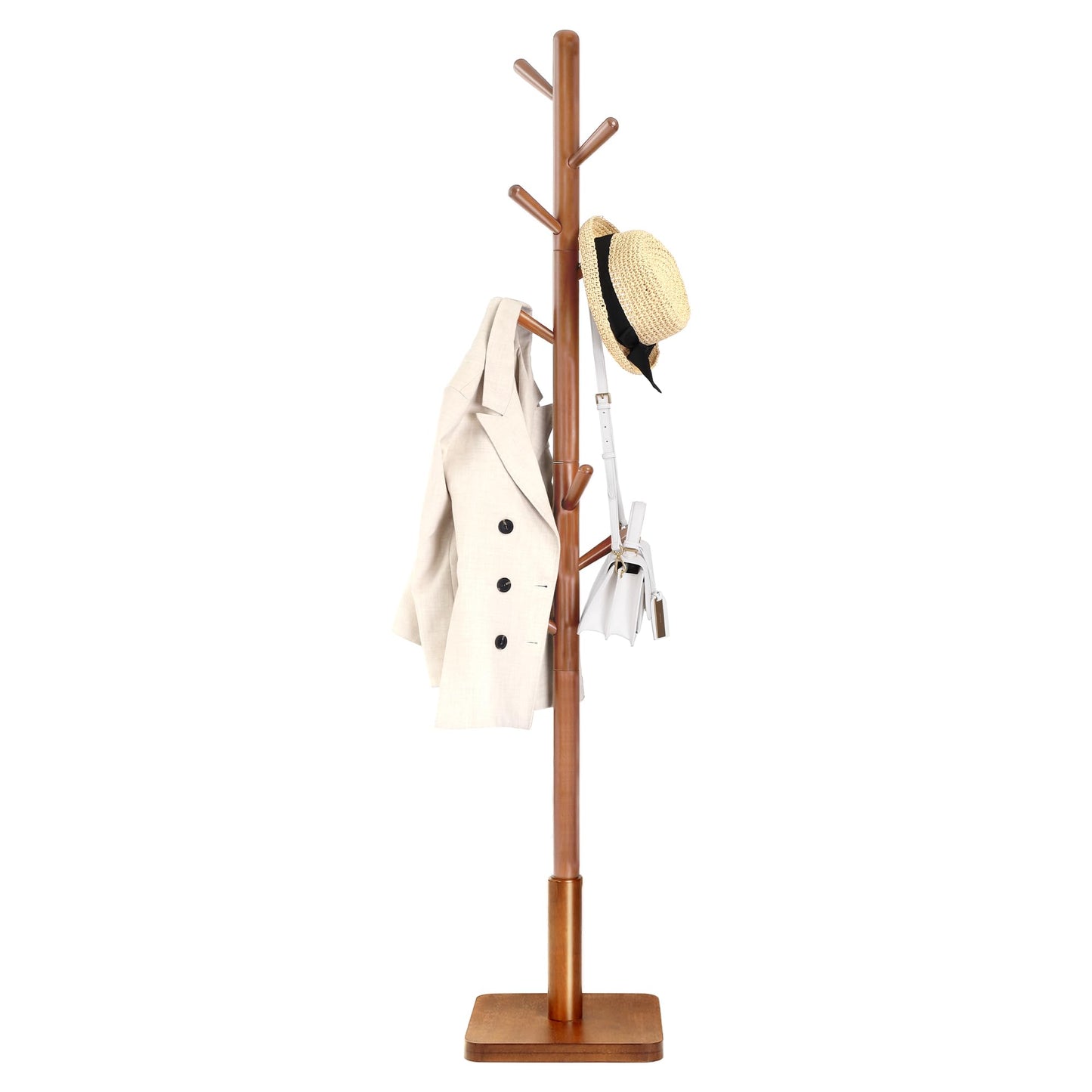 VASAGLE Solid Wood Coat Rack, Free Standing Hall Coat Tree with 8 Hooks, 3 Height Options, for Coats, Hats, Bags, Purses, for Entryway, Hallway, Rubberwood Hooks and Pole, Caramel BrownURCR010W01