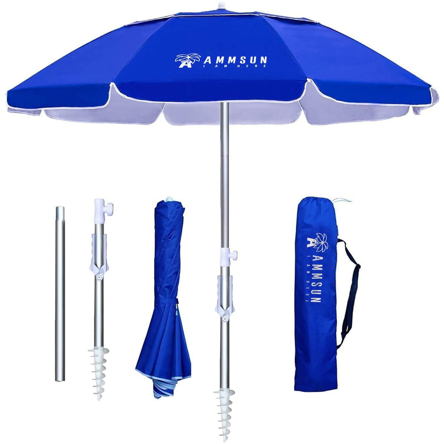AMMSUN 6.5ft Folded Portable travel Beach Umbrella with Sand anchor Air-vent Tilt UPF 50+ Protection Fits in Suitcase Compact Foldable beach umbrella for Beach Garden Pool Blue