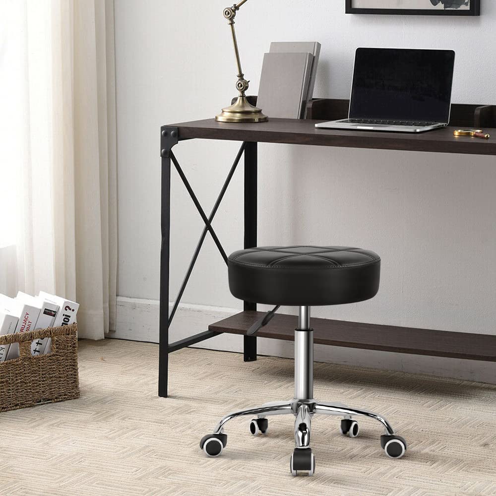 KKTONER Round Rolling Stool PU Leather Height Adjustable Swivel Drafting Work SPA Salon Stools Chair with Wheels (Black)