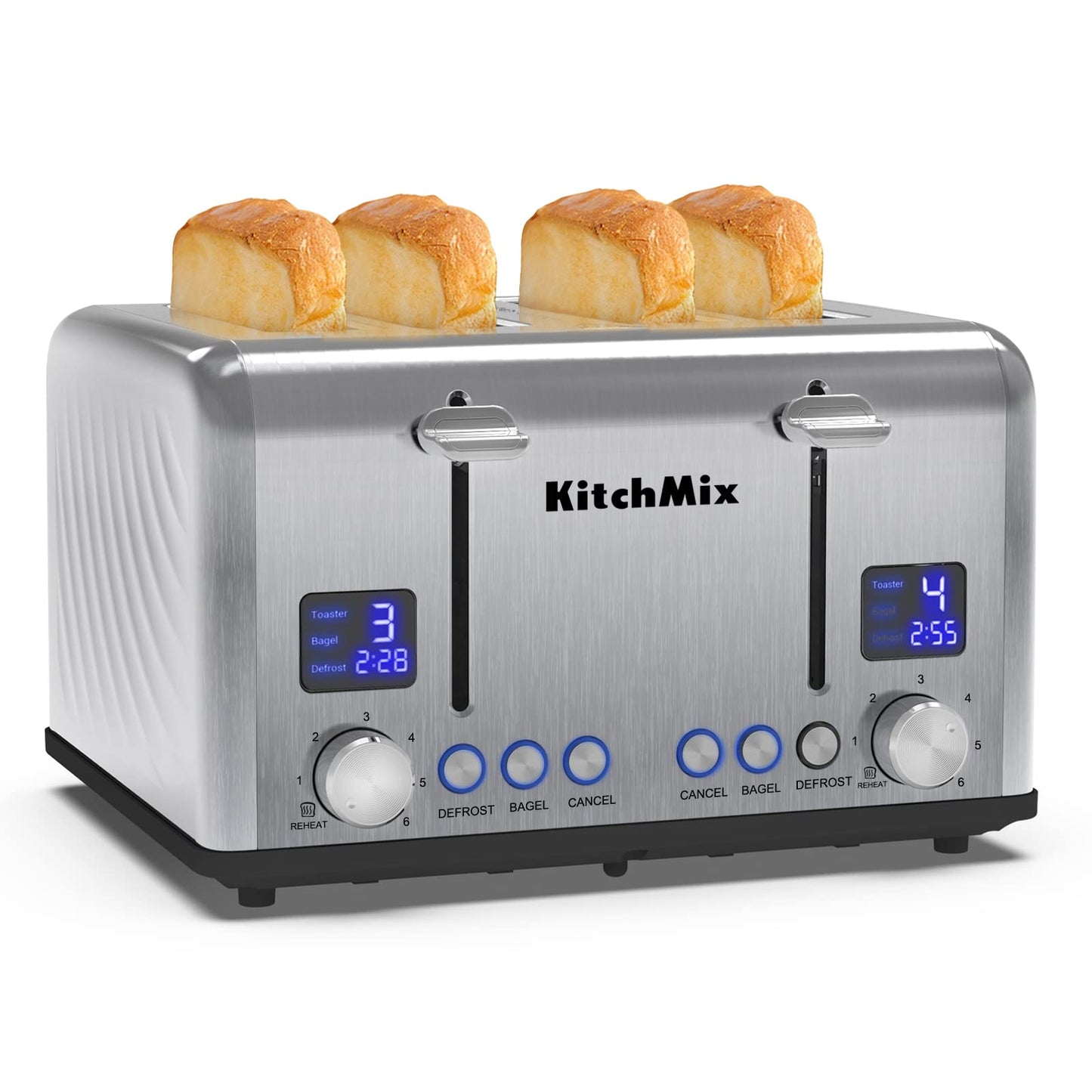 Toaster 4 Slice, Bagel Stainless Toaster with LCD Timer, Extra Wide Slots, Dual Screen, Removal Crumb Tray (Stainless steel)