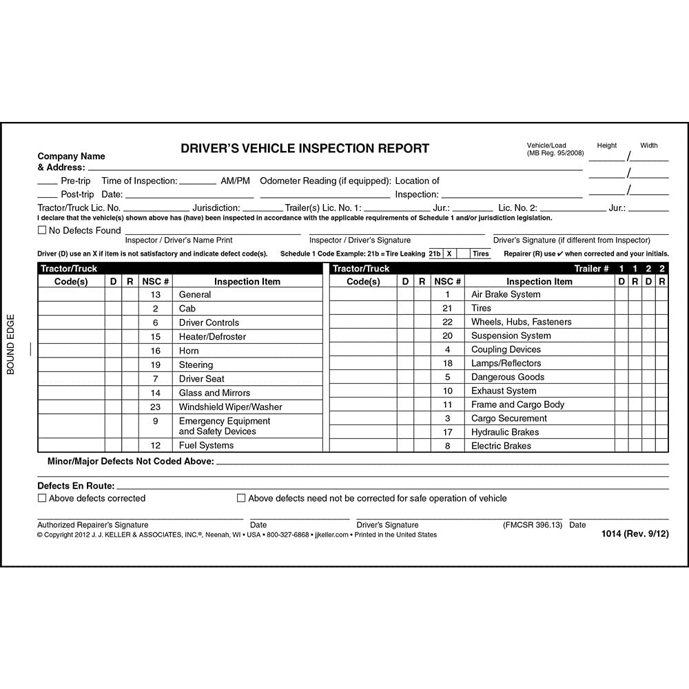 Canadian Driver's Vehicle Inspection Report 10-pk. - Book Format, 2-Ply with Carbon, 5.5" x 8.5" - 31 Sets of Forms Per DVIR Book - J. J. Keller & Associates