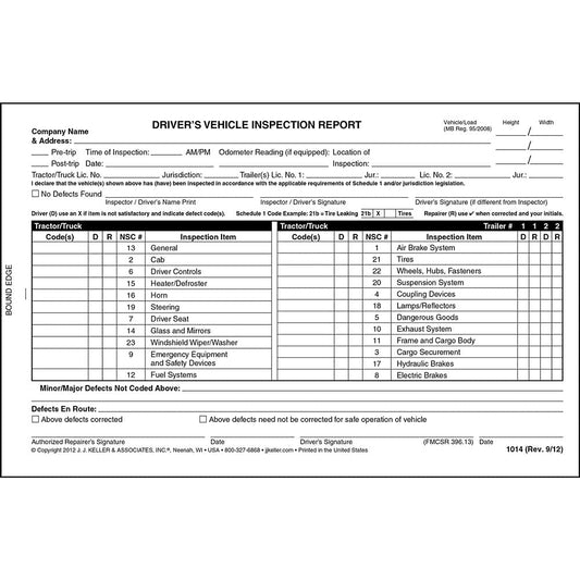Canadian Driver's Vehicle Inspection Report 10-pk. - Book Format, 2-Ply with Carbon, 5.5" x 8.5" - 31 Sets of Forms Per DVIR Book - J. J. Keller & Associates