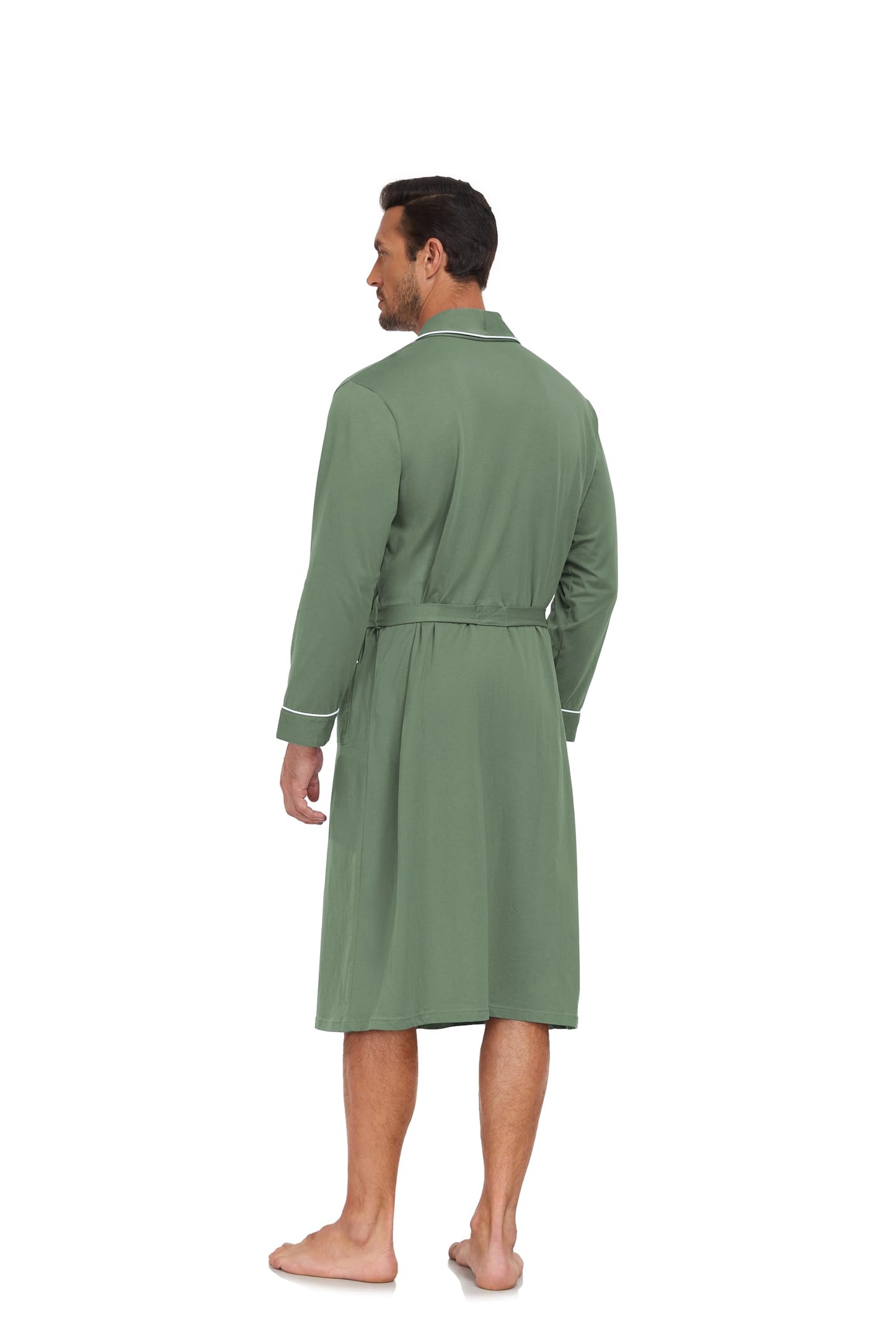 COLORFULLEAF Mens 100% Cotton Robes Lightweight Summer Long Bathrobe Sleepwear Soft Knit Spa Robe with Pockets, Army Green, Medium