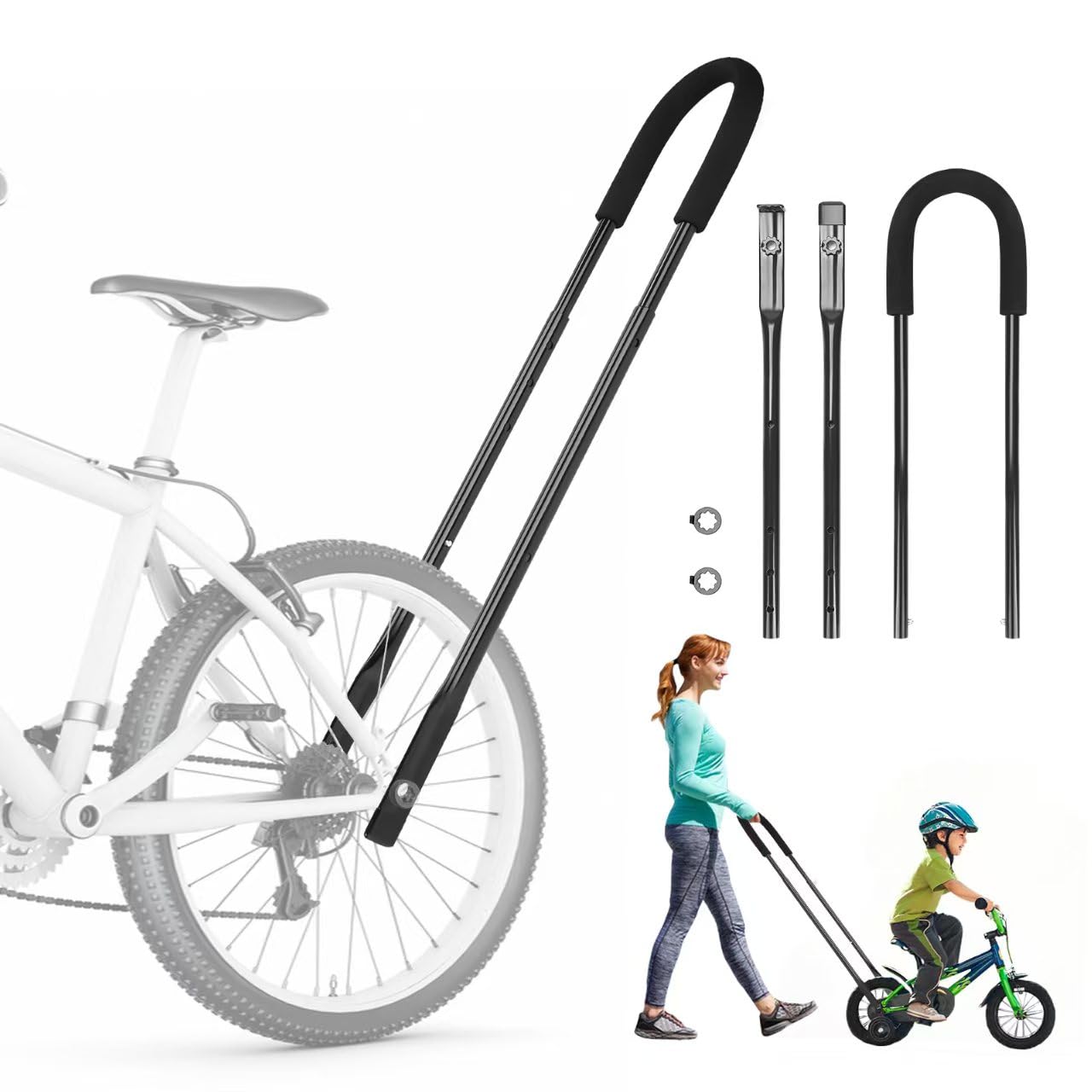 Upgrade Bike Training Handle, Extended 27"-33" Multi-Position Adjustable Children Bike Trainer Balance Push Bar for Kids Learning to Ride (4-Level Height Settings)