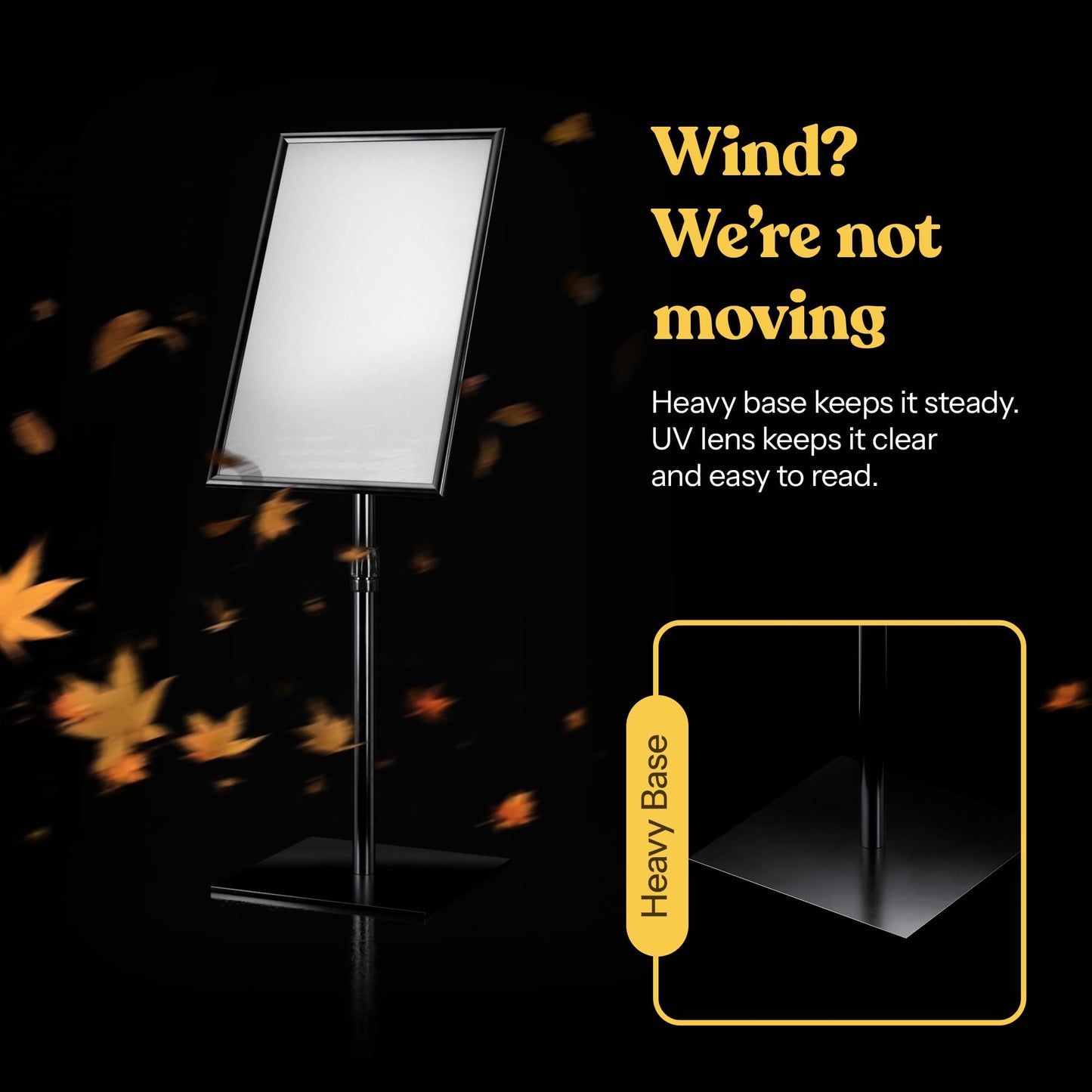 T-SIGN Adjustable Heavy Duty Pedestal Poster Stand, Square Steel Base, 11 x 17 Inch Aluminum Snap Open Frame, Vertical and Horizontal Displayed, Black