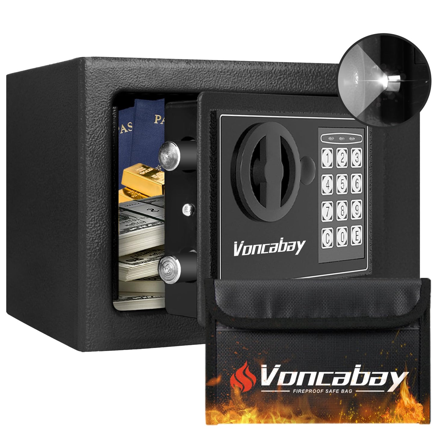 Voncabay Money Safe Box for Home with Sensor Light & Fireproof Money Bag for Cash Safe, Security Safe Box for Money Safe with Keys & Pass Code, Lock Box Fireproof Safe with Digital Keypad
