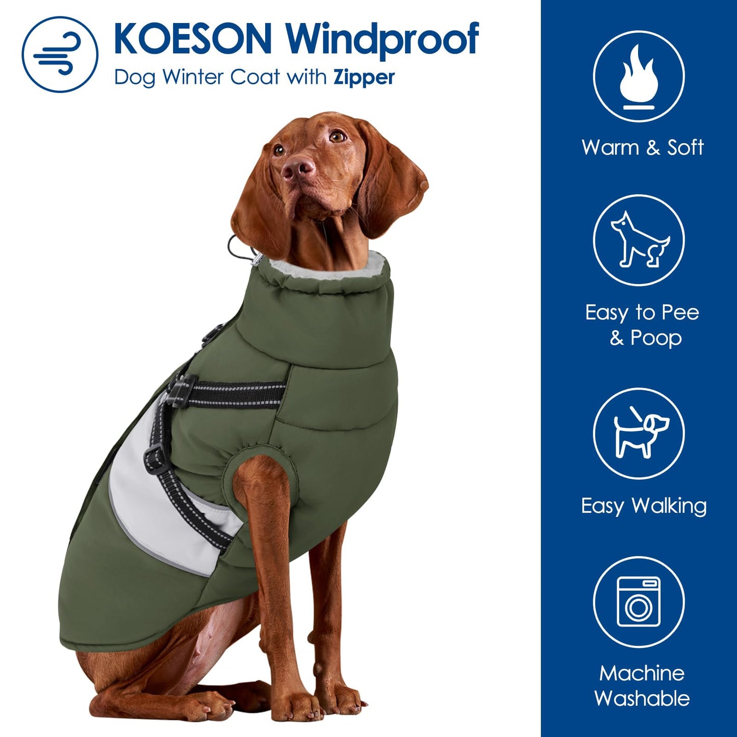 KOESON Dog Coat, Warm Dog Winter Coat for Giant Breeds, Waterproof Dogs Jacket with Harness, Reflective Pet Fleece Lined Puffer Jacket, Turtleneck & Windproof Coats for Great Dane, Golden Retriever