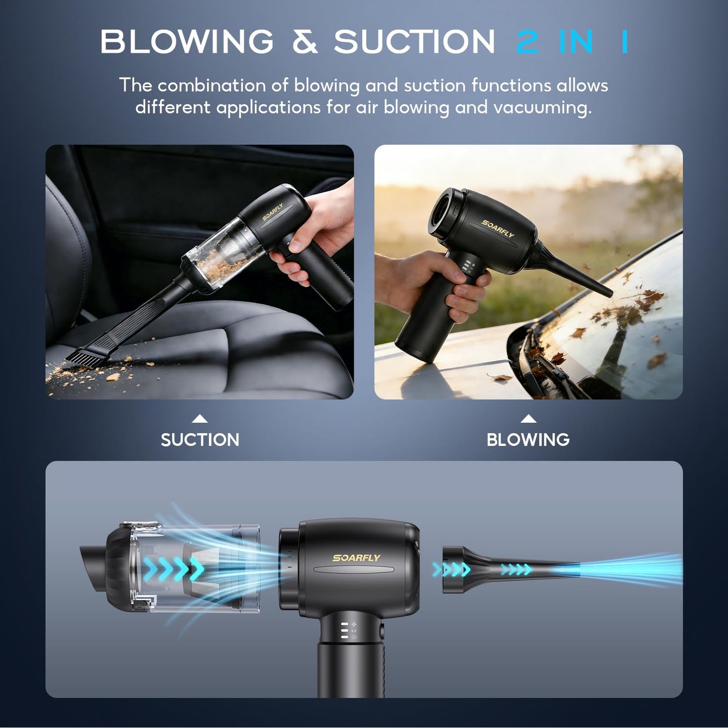 Car Vacuum Cleaner 25000PA Handheld Vacuum with LED, SOARFLY 4 in 1 Air Duster and Cordless Vacuum Cleaner Strong Cyclonic Suction Blowing Brushless Motor, for Pet Hair, Car, Home, Office, Kitchen