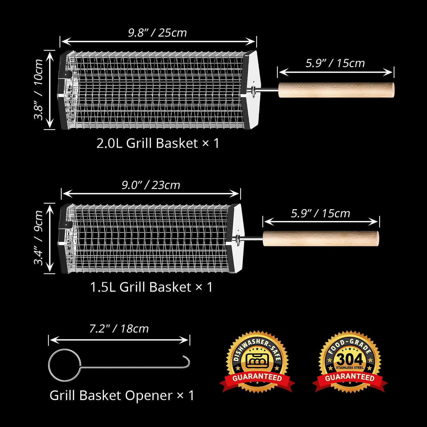 ivtivfu Rolling Grill Basket, Removable Wooden Handle, 304 Stainless Steel, Nesting BBQ Tools, Smoker Grilling Accessories for Vegetable, Outdoor Cooking Camping, Birthday Gifts for Men Dad Husband