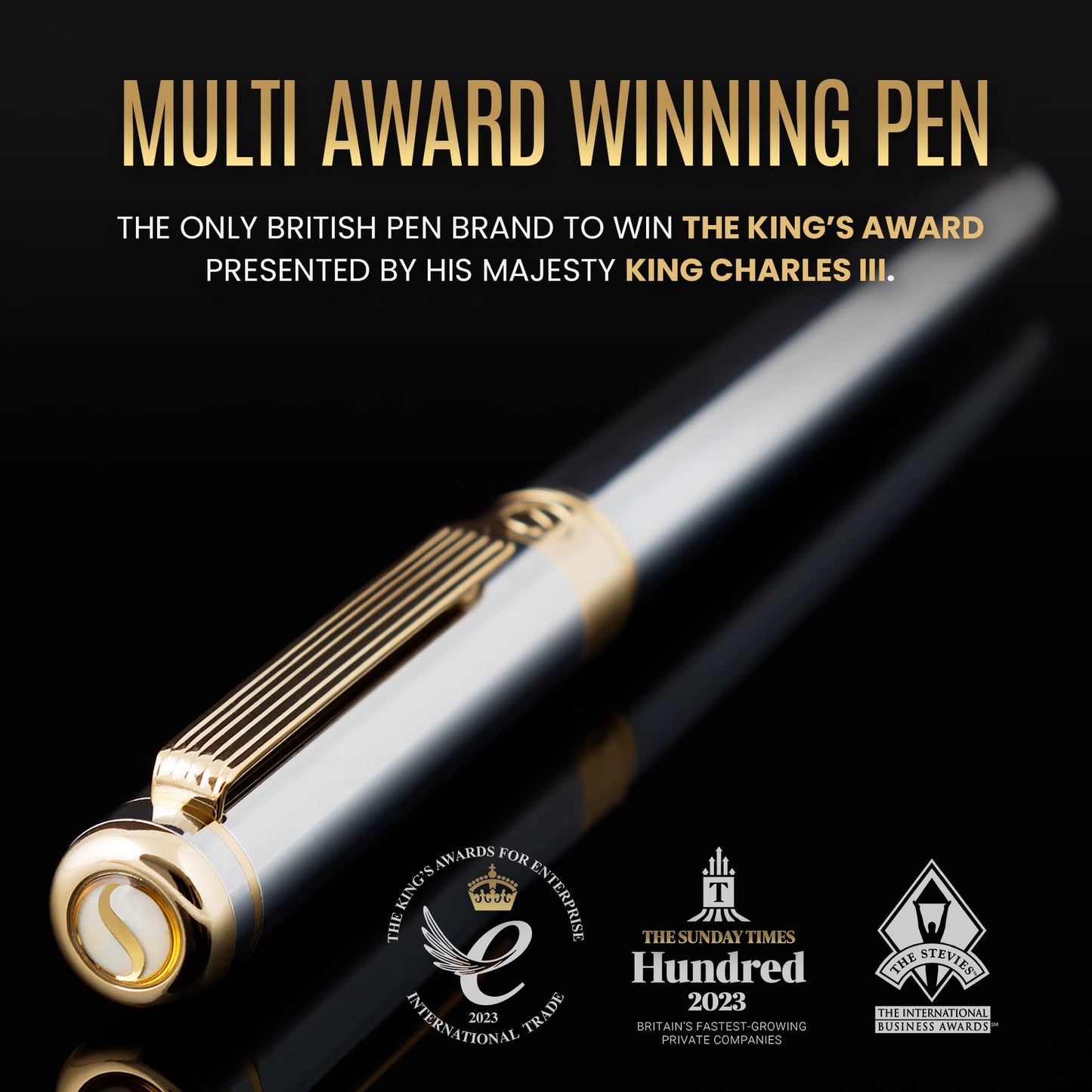 Scriveiner Silver Chrome Fountain Pen – Luxury Pen with Precision German Schmidt Medium Nib, Gold Plated Detailing, Balanced Construction, Effortlessly Smooth Executive Writing Gift Set