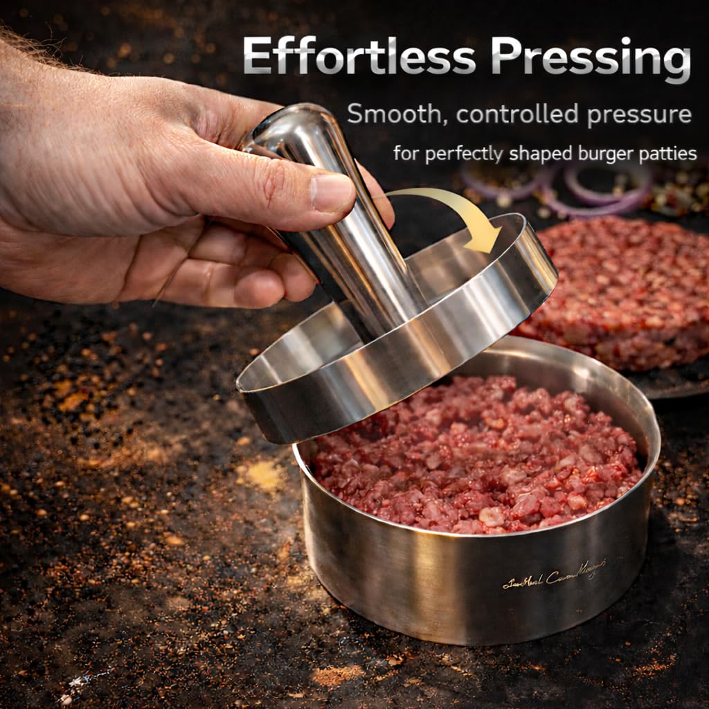 Stainless Steel Burger Press & Meat Patty Maker, Heavy Duty One-Piece Design, Non-Stick Round Hamburger Press for Beef, Turkey & Veggie Patties