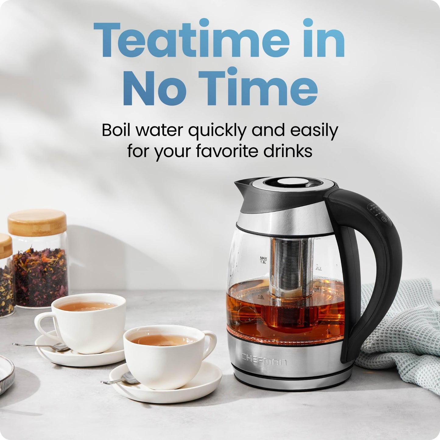 Chefman Electric Kettle w/ Temperature Control, 5 Presets, Colored LED Indicator Lights, 360° Swivel Base, BPA Free, Removable Tea Infuser Included, 1100 Watts & 120 Volts, Stainless Steel, 1.8 Liters