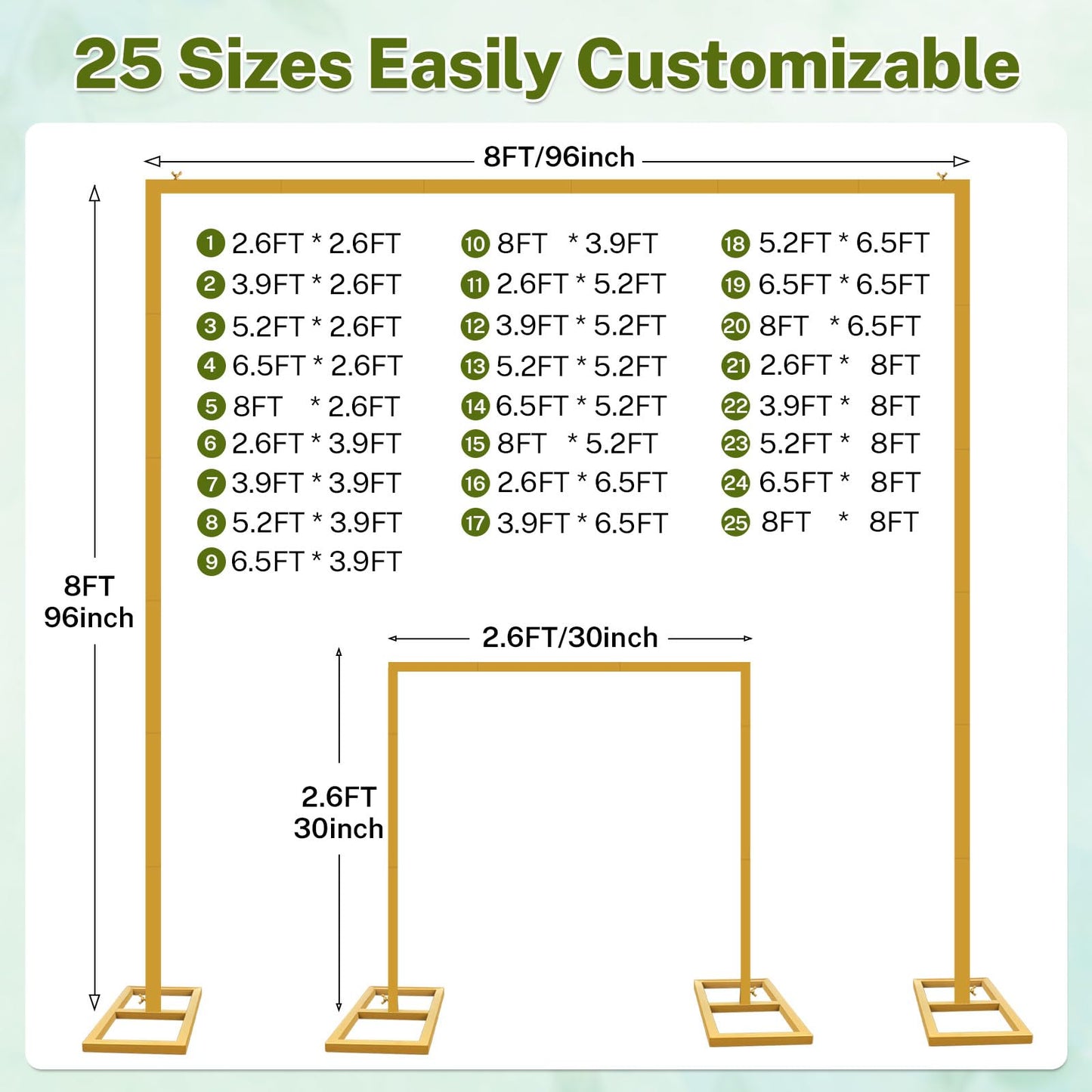 8FT x 8FT Heavy Duty Adjustable Arch Backdrop Stand, Gold Square Back Drop Metal Balloon Arch Stand Kit Frame for Party Wedding Birthday Photobooth Decorations