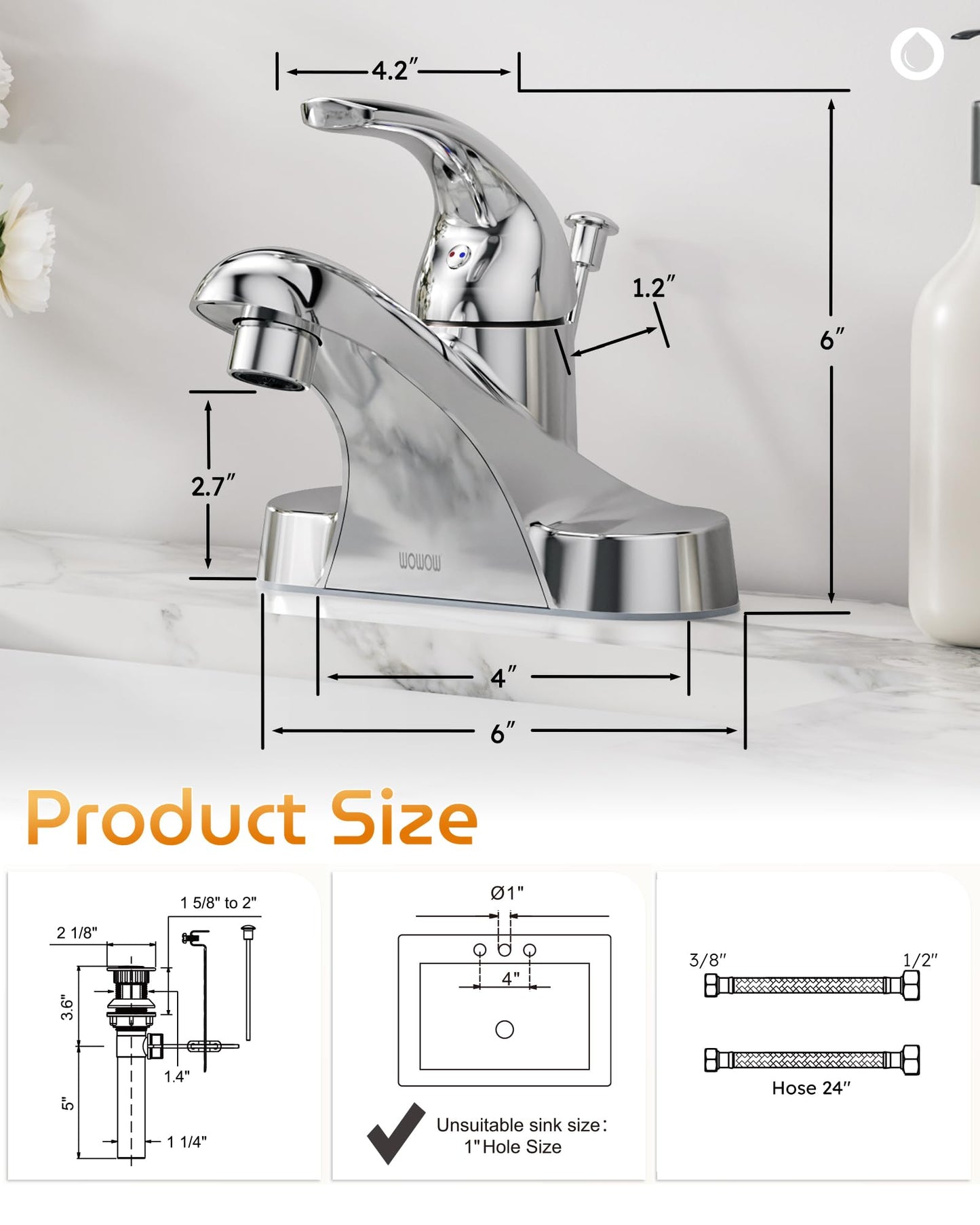 WOWOW Bathroom Faucet 1 Handle Low Arc Lead Free Single Handle 4 inch Centerset Bathroom Sink Faucet with Pop Up Drain Assembly Basin Mixer Tap Chrome Vanity Faucet