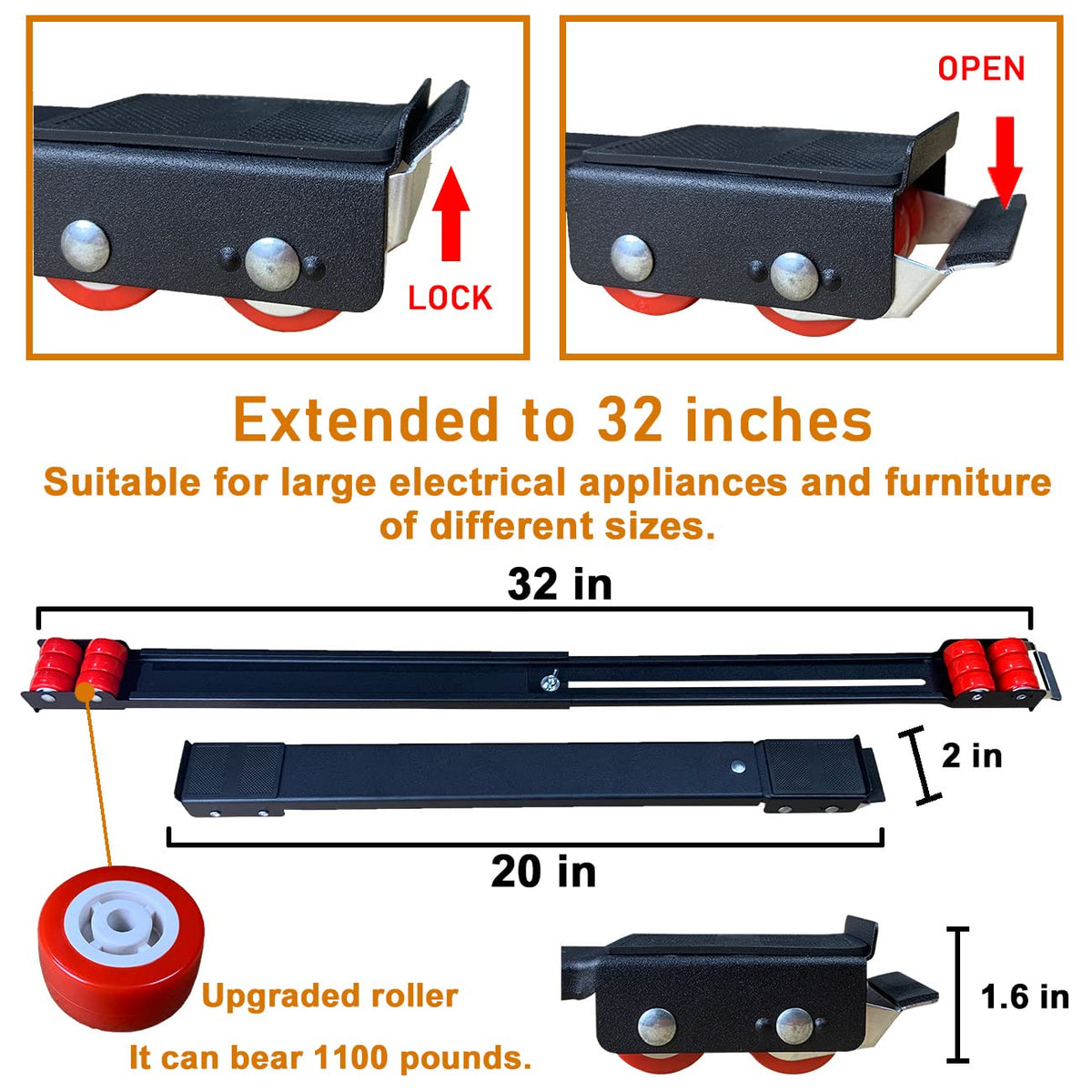 Appliance Rollers Heavy Duty,Max 32in,Second Generation Extendable Appliance Rollers Mobile Washing Machine Base Easily Move Washing Machines, Dryers, Refrigerators, Furniture (Black (Upgrade wheel))
