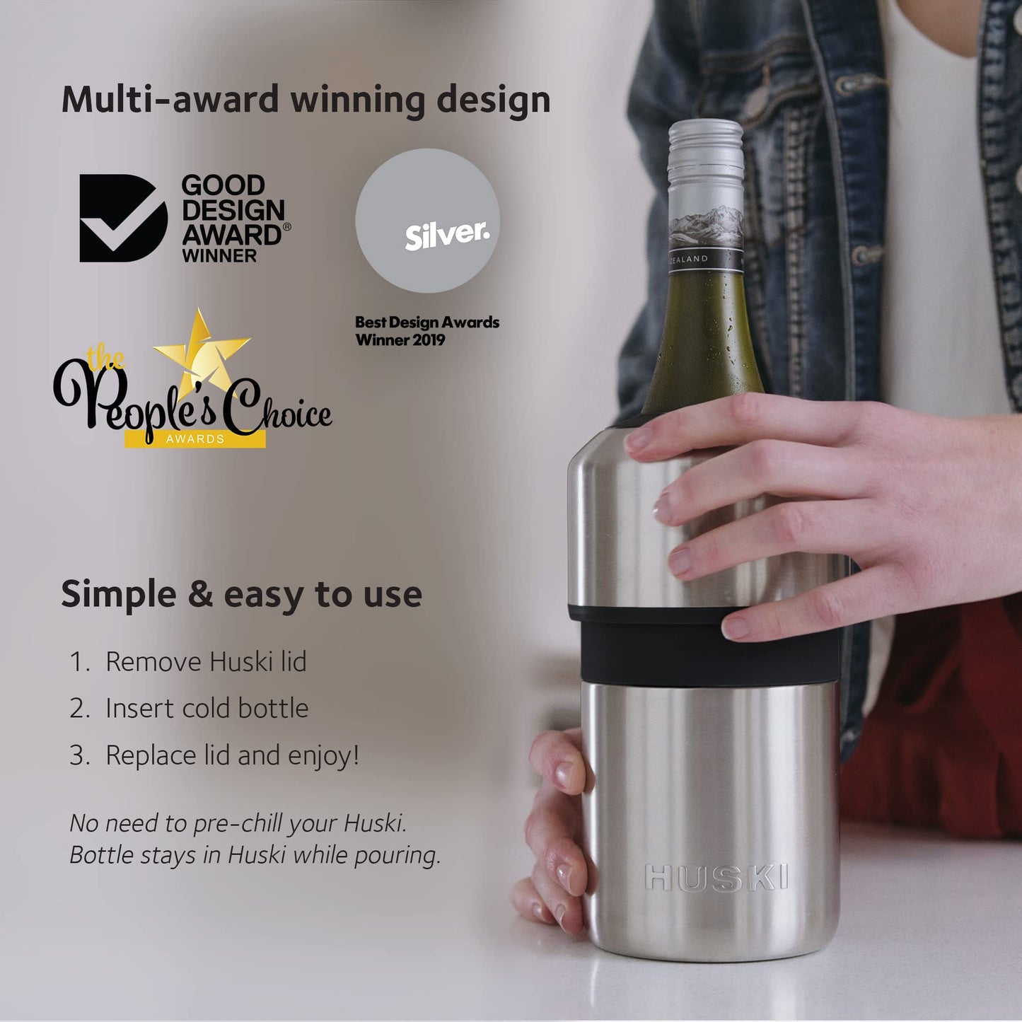 Huski Wine Chiller | Award Winning Iceless Design | Keeps Wine Cold up to 6 Hours | Fits Most 750ml Wine & Some Champagne Bottles | White Stainless Steel Cooler | 0.75L Capacity