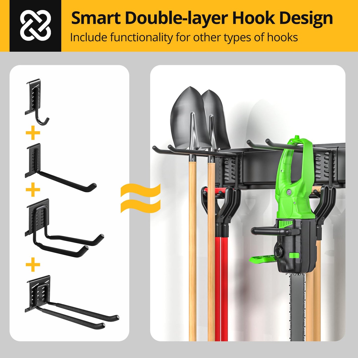 Garage Storage & Garage Organization - Garage Wall Organizer with Heavy Duty Garage Hooks, 6 Double-Layer Hangers, 3 Extension Cord Straps, 48-Inch Garden Tool Organizer, 600lbs Capacity