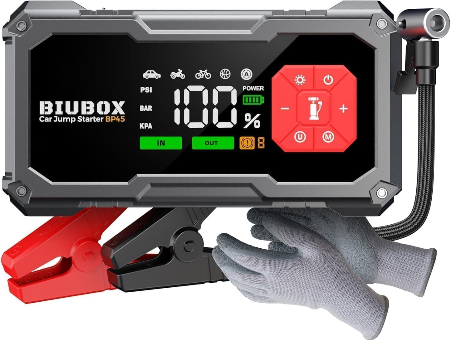 Car Battery Booster Pack Jump Starter with Air Compressor, BiuBox 7000A 150PSI Car Booster Battery Pack (All Gas/9L Diesel), 12V Portable Car Jump Starter with LED Display, 10 Protections, 500lm Light