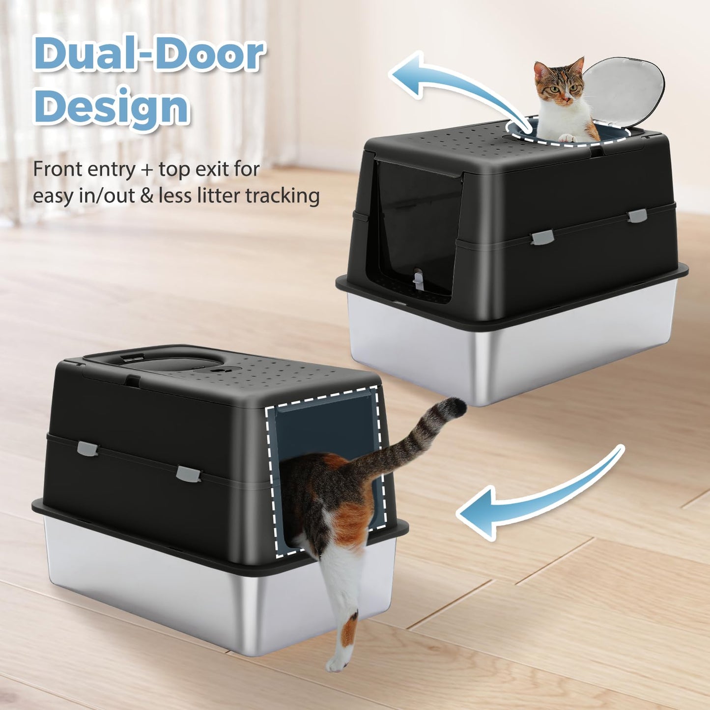 PAWZ Road Stainless Steel Cat Litter Box, Large Enclosed Litter Box with Front & Top Entry, Non-Sticky Metal Bottom with High Sides and Scoop, Easy to Clean, Anti-Leakage for Large Cats,Black