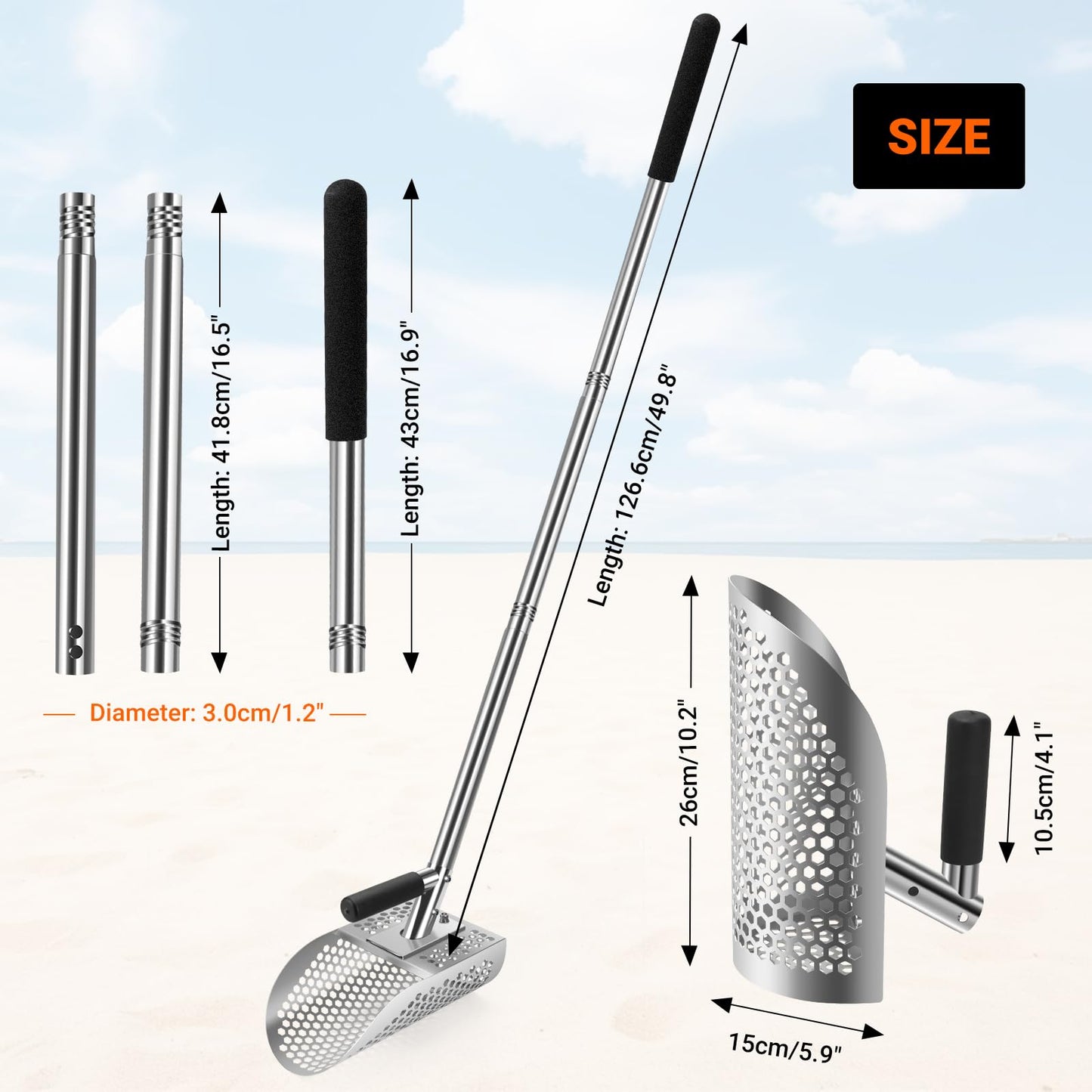Yaheeda Long Handle Sand Scoop with Shovel for Metal Detecting, Metal Detector at Beach,Heavy Duty Stainless Steel Metal Detecting Tool,Treasure Finds Scoop, Digging Shovel Fast Sifting