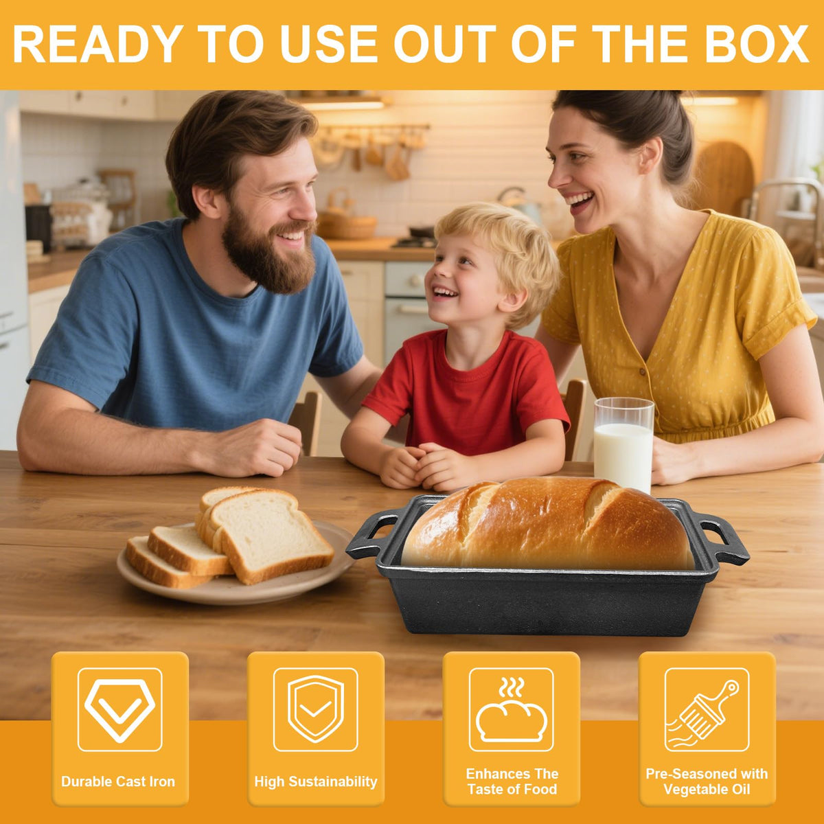 AO LI GEI Cast Iron Bread Pan with Lid 2 in 1 Loaf Pans Set with 9×5 Inch Loaf Pans for Homemade Bread, Sourdough Baking Pan, Oven Mitts, Lame Baking Tool, Silicone Basting Pastry Brush for Baking