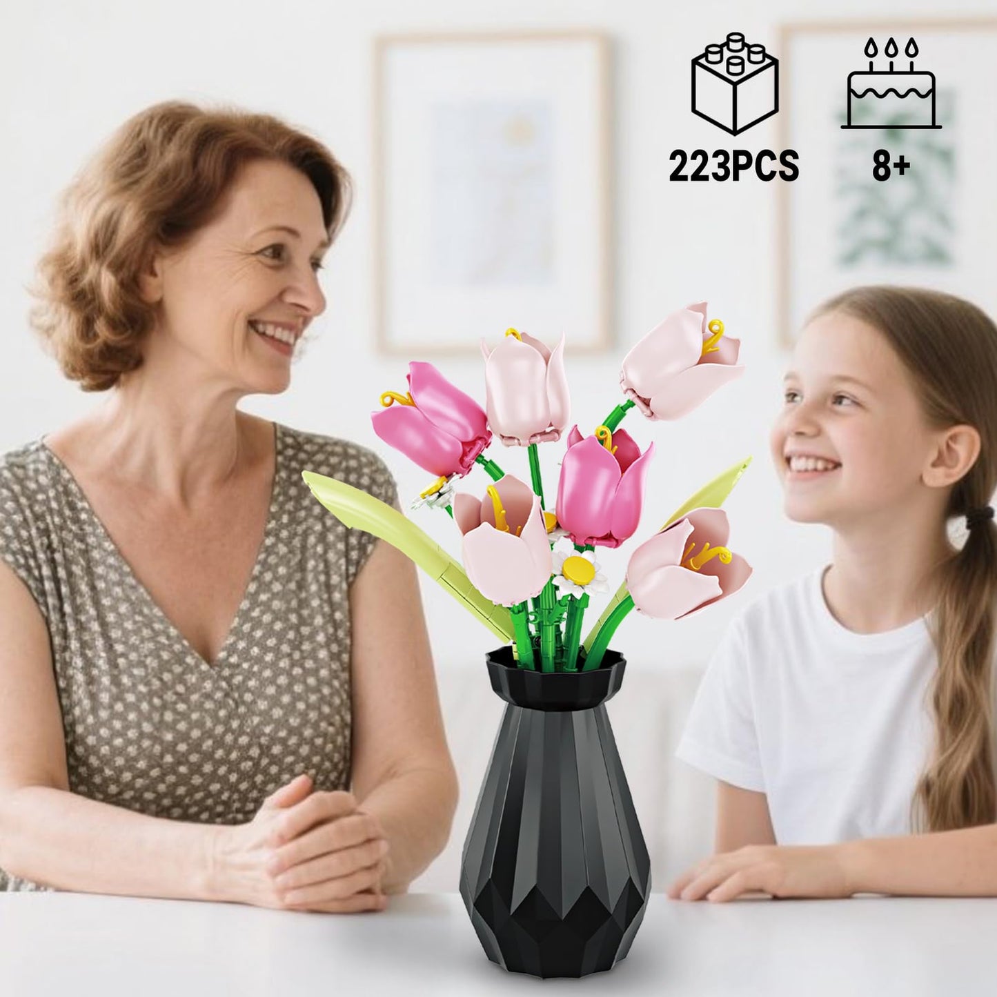 Flower Bouquet Building Sets, Tulips Botanical Collection, DIY Artificial Flower with vase for Adults Women Girl Kids, Pink Chrismas Home Decor Gifts for Mother's Day, Birthday, Easter(223 pcs)