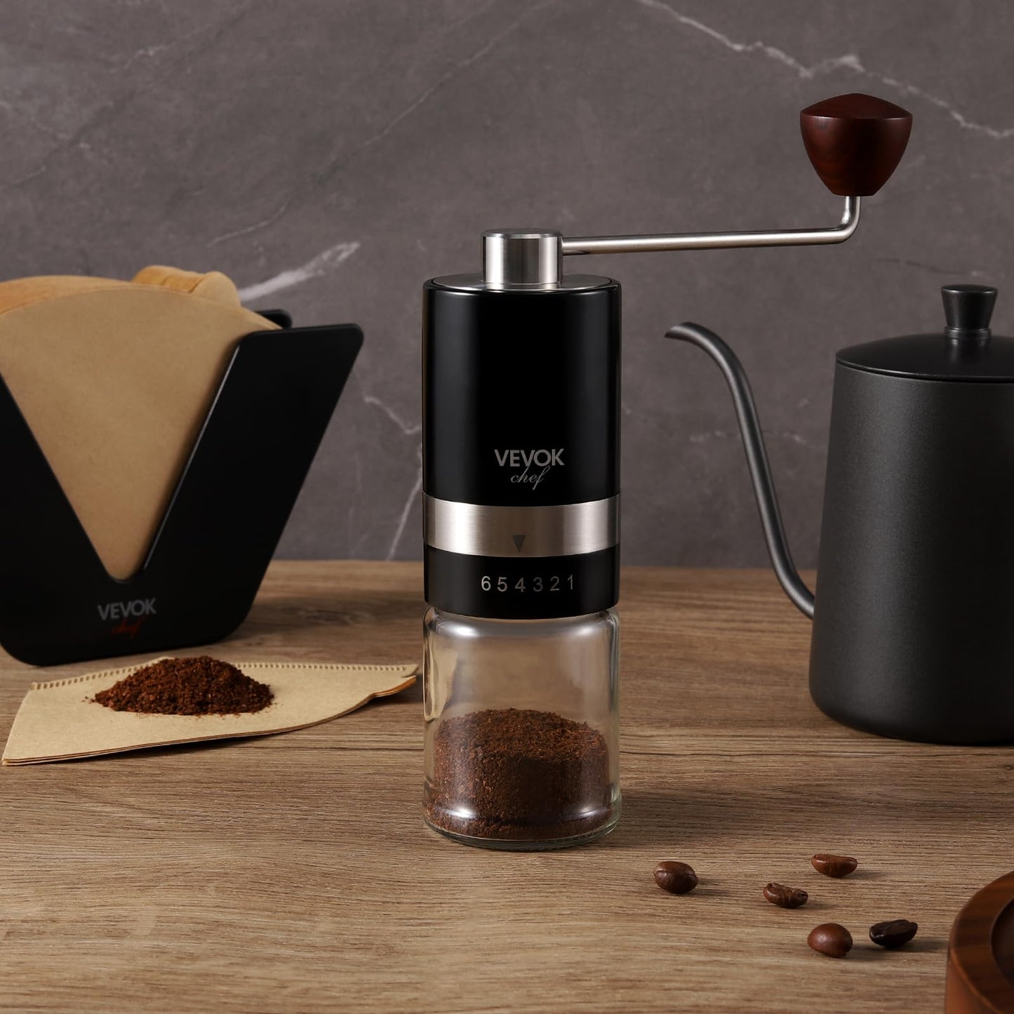 VEVOK CHEF Manual Coffee Grinder Hand Coffee Grinder 6 Adjustable Setting Stainless Steel Conical Burr Mill Portable Hand Crank Coffee Bean Grinder for Espresso Gift