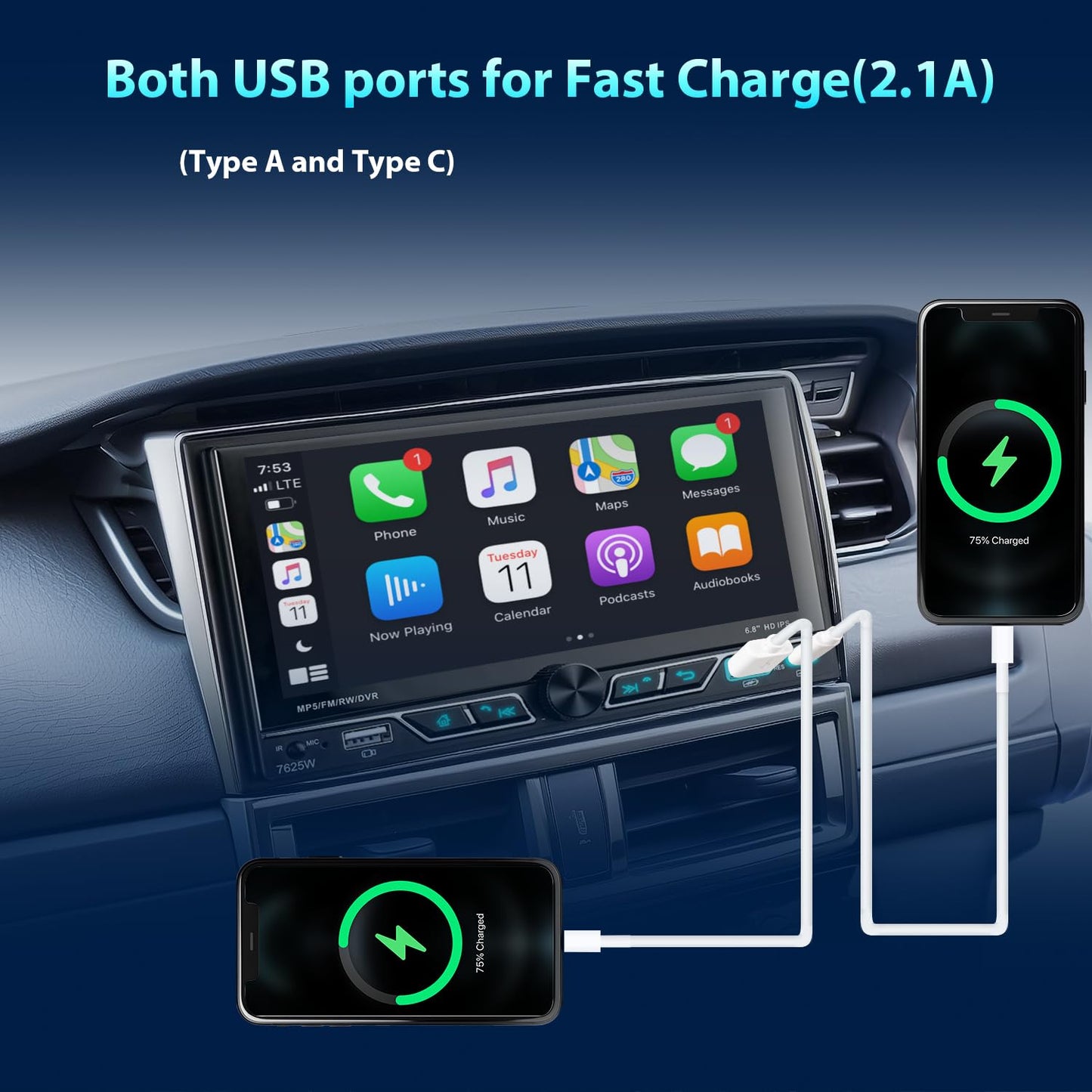 Alondy Double Din Car Stereo with 6.8" Touchscreen Compatible with [Wireless] Apple CarPlay/Android Auto Bluetooth AM/FM Radio 2X USB (Both 2.1A Fast Charge) Backup Camera RCA Audio Receiver