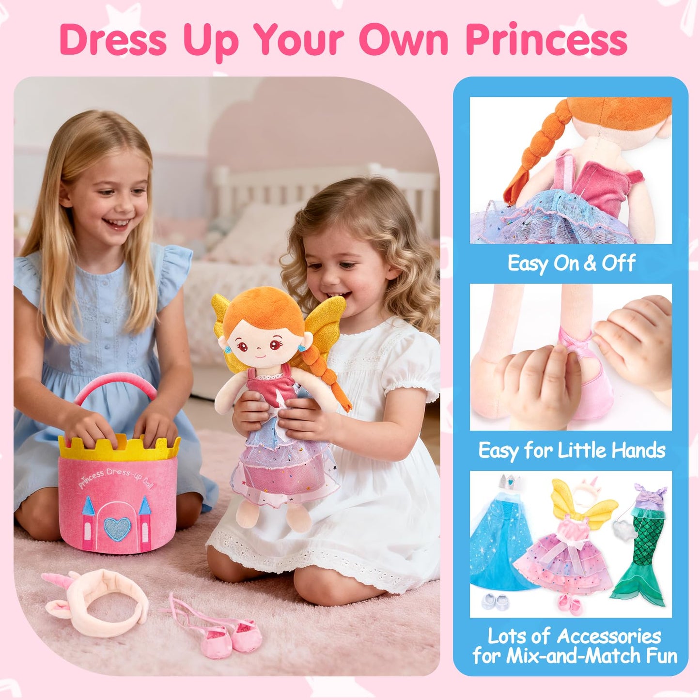 hahaland Dress Up Doll Playsets - Princess Mermaid Unicorns Toys for Girls Age 4-6, Plush Doll with 3 Outfits and Carry Bag, Fairy Ballerina Toys 4 Year Old Girl Birthday Gifts Easter Basket Stuffers
