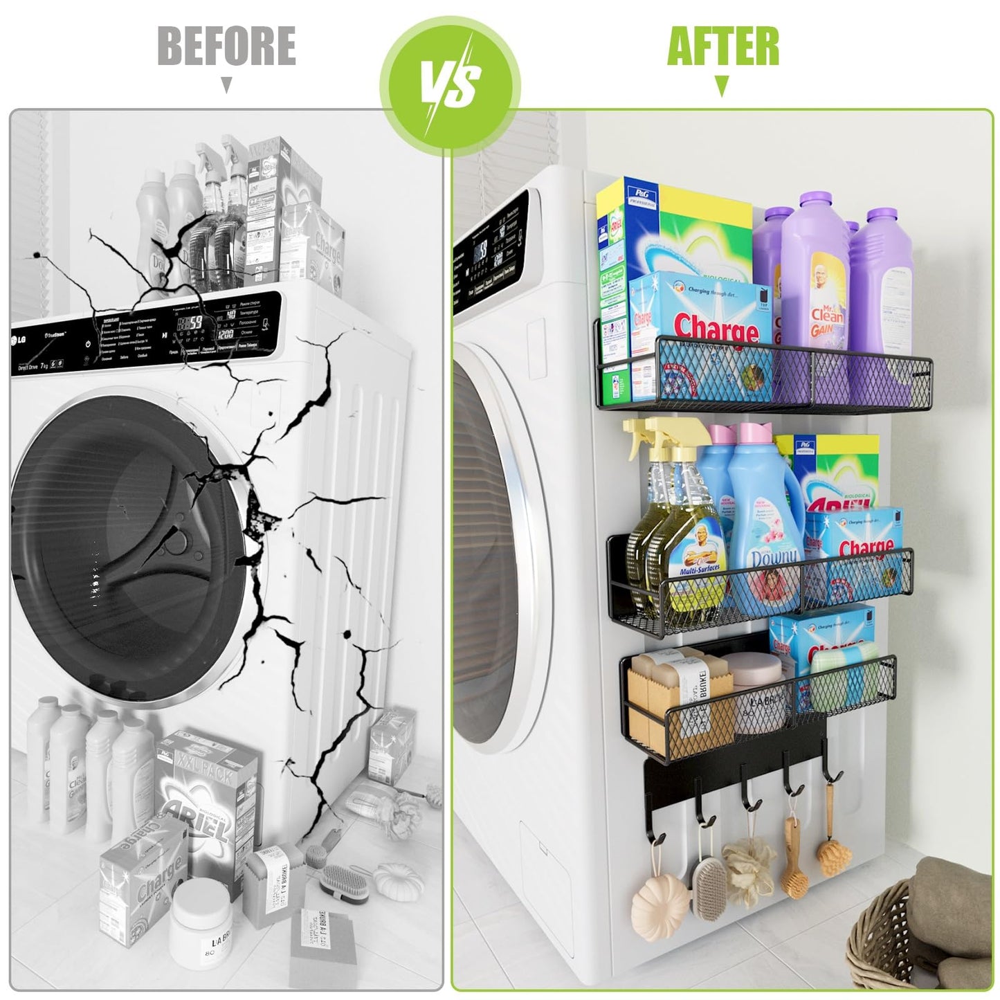 4 Pack Magnetic Shelves for Washing Machine, Heavy-Duty Magnetic Laundry Organizer with Hooks, Washing Machine Shelf for Refrigerator, Metal Storage Baskets, Closet & Laundry Room Organization(Black)