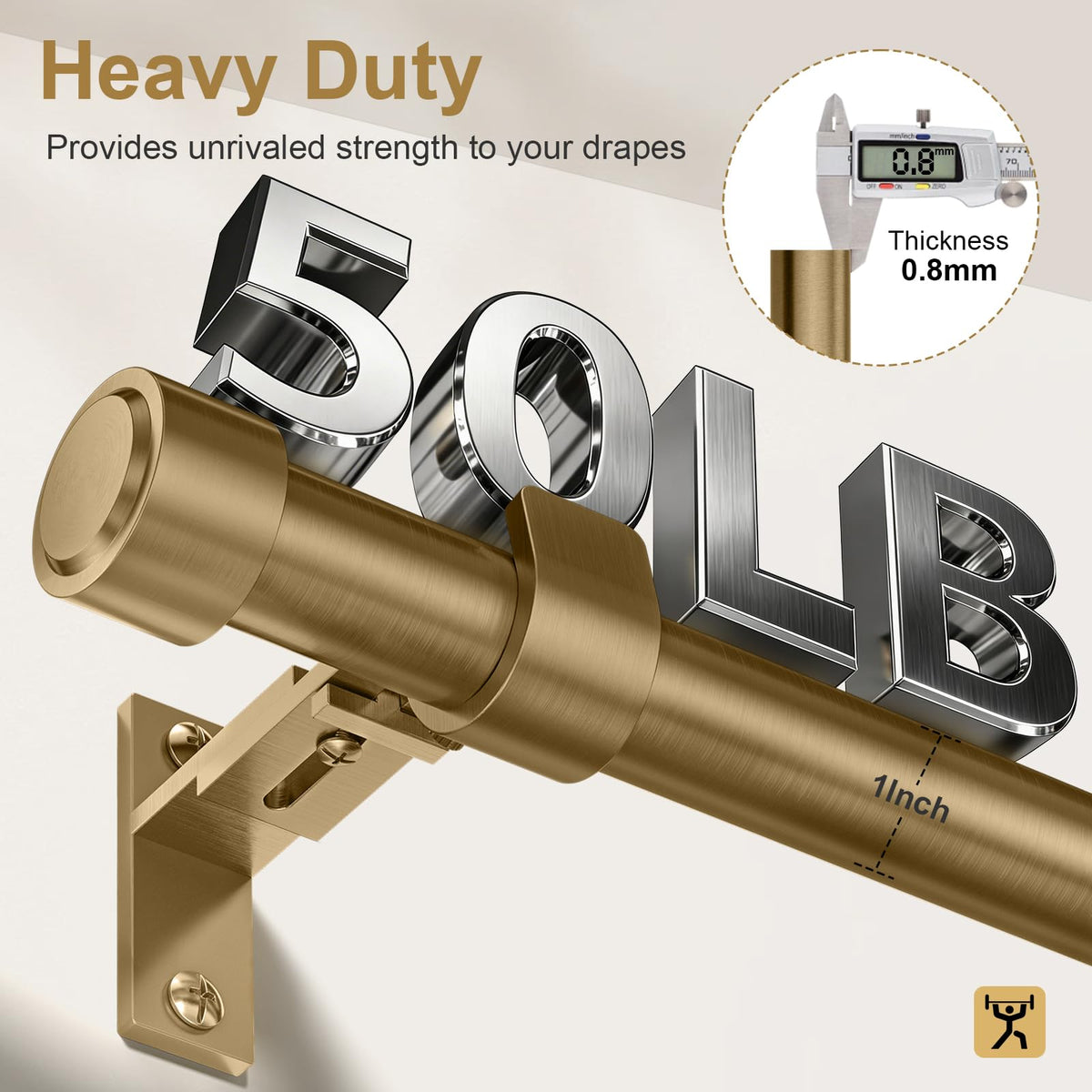 JRZOO Warm Gold Curtain Rod 36-144 Inches Adjustable, 1" Diameter Heavy Duty Window Rod with Alloy Metal Finials & New Heavy Duty Brackets for Bedroom Living Room Kitchen