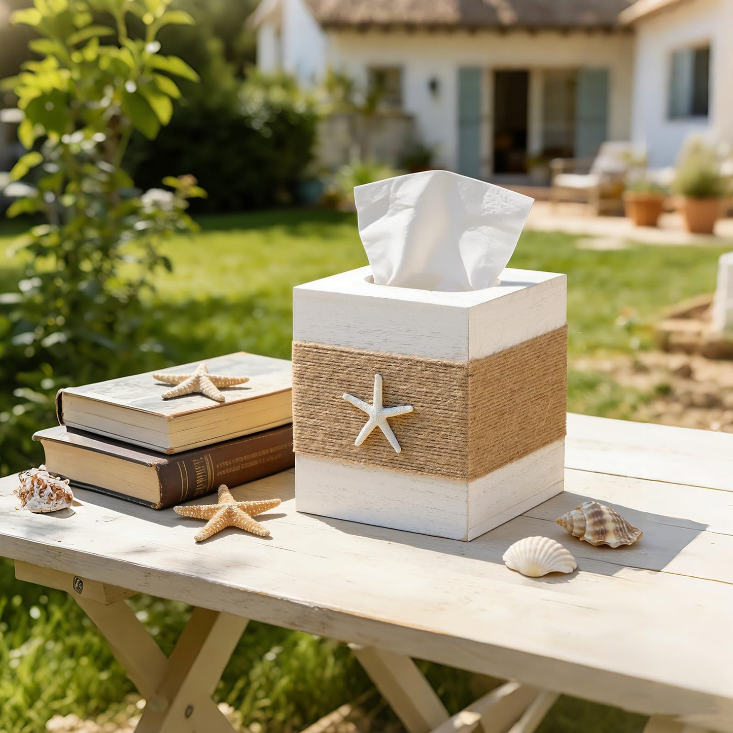 2 Pack Beach Rustic White Wood Square Tissue Box Cover with Slide-Out Bottom Panel - Beach Bathroom Decor Tissue Box Holder with Starfish for Living Room, Desk, Bedroom, Bathroom