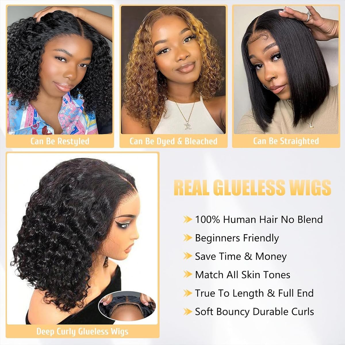 Wear and Go Glueless Wigs Human Hair Pre Plucked Pre Cut Deep Wave Curly Bob Wig Lace Front Wigs for Black Women Human Hair 180% Density 4x4 Lace Closure Glueless Bob Wigs Human Hair 14 Inch