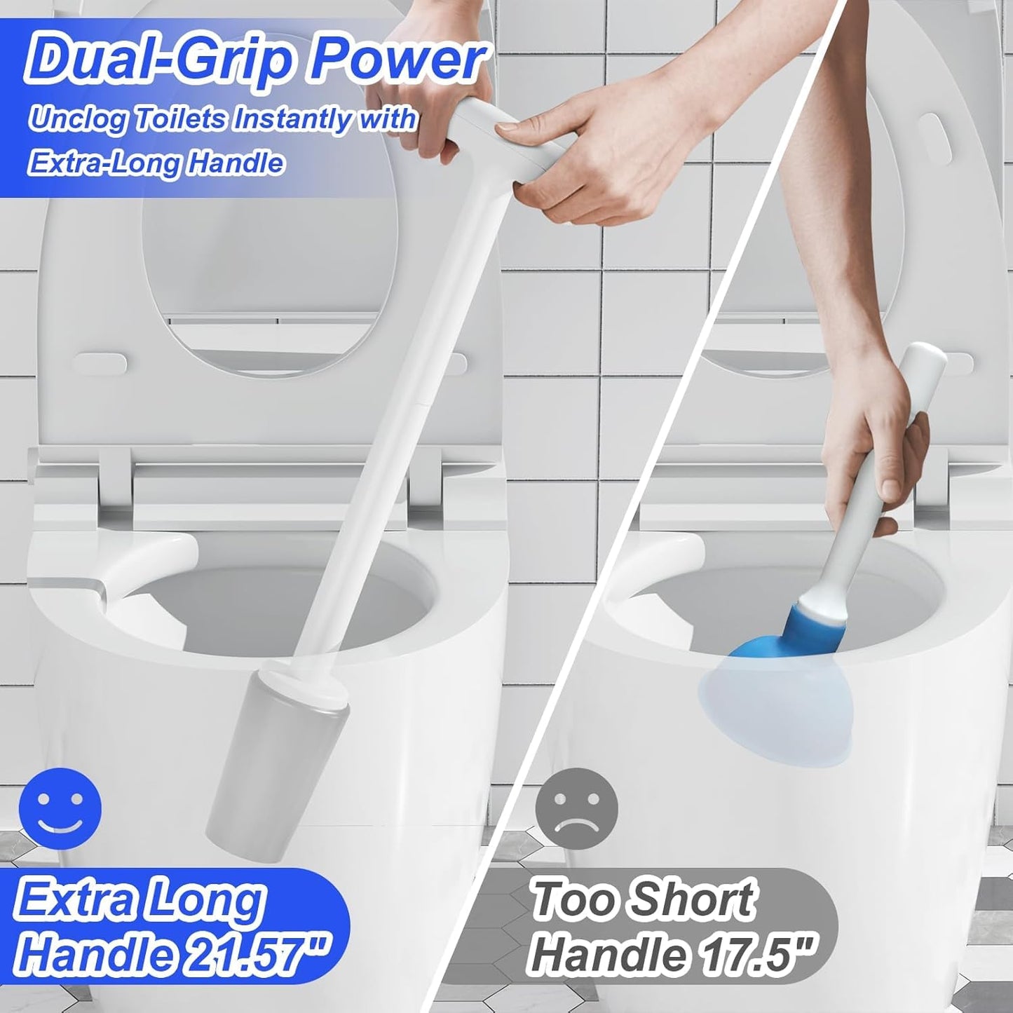 3 in 1 Toilet Brush and Plunger Set，Extended Handle Plunger,Heavy Duty Toilet Bowl Brush and Holder Hidden Toilet Plunger and Brush Set,Bathroom Cleaning Supplies (White)