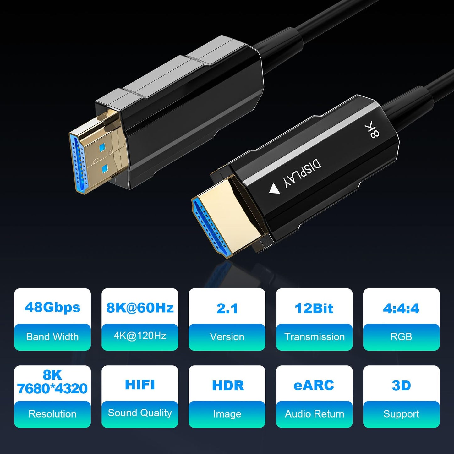 RUBMUD Fiber Optic HDMI Cable 50ft, 8K Long HDMI 2.1 Cable, Ultra High Speed Fiber HDMI Cord, 48Gbps, 8K@60Hz 4K@120Hz, Dynamic HDR, eARC, HDCP 2.2&2.3, 3D, for HDTV Monitor Game Laptop Xbox PS4/PS5