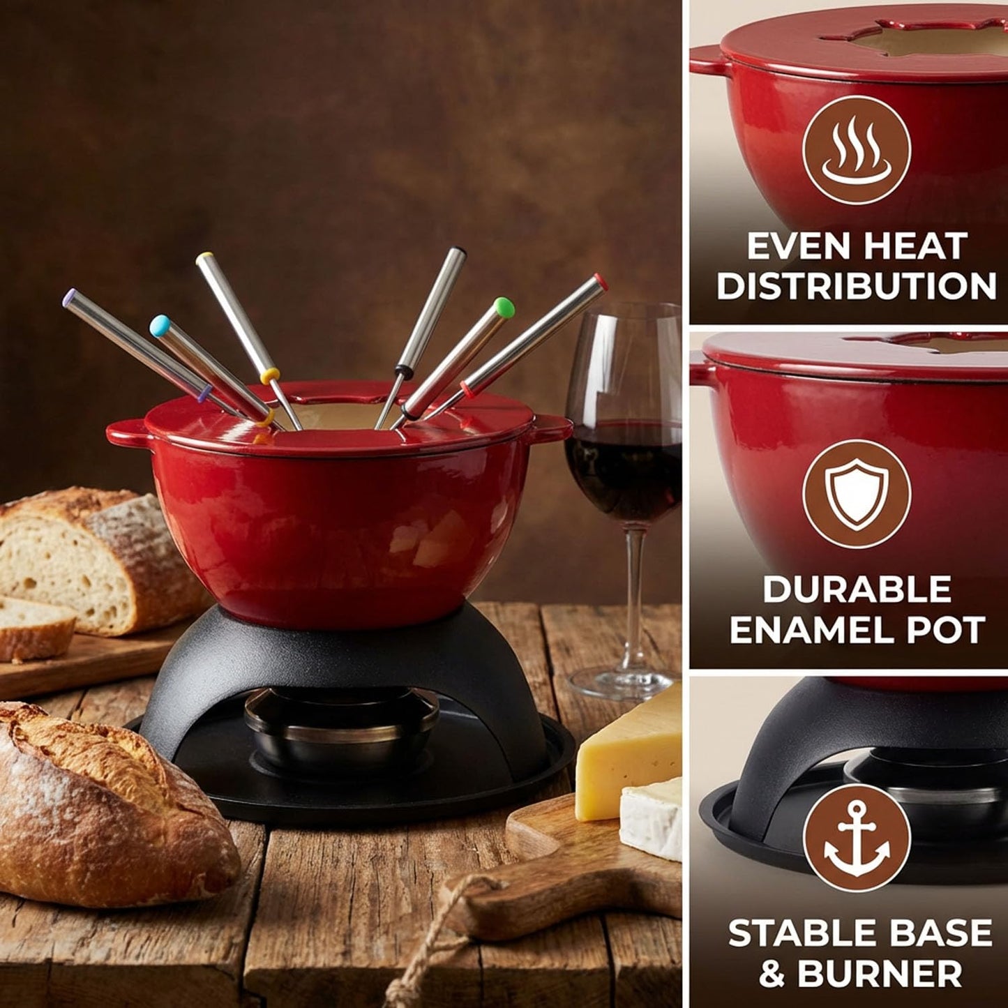 Artestia Cast Iron Cheese Fondue Pot Set, 5-Cup Cheese & Chocolate Fondue Pot with Adjustable Burner and 6 Color-Coded Forks, Fondue Set for 4-6 People, Red
