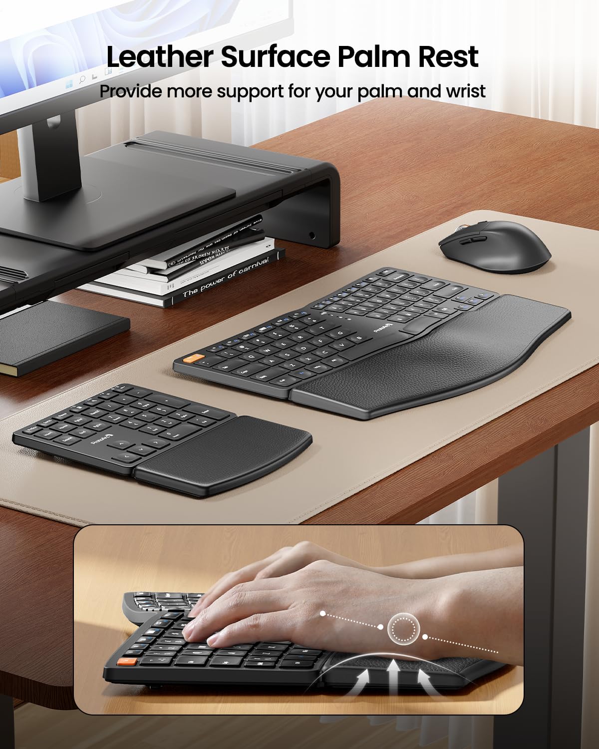 ProtoArc Ergonomic Keyboard Mouse, EKM04 2.4GHz Wireless Ergo Keyboard Mouse Combo, Separate Numeric Keypad, Split Design, Wrist Rest, Rechargeable, for Desktop, PC, Laptop, Windows