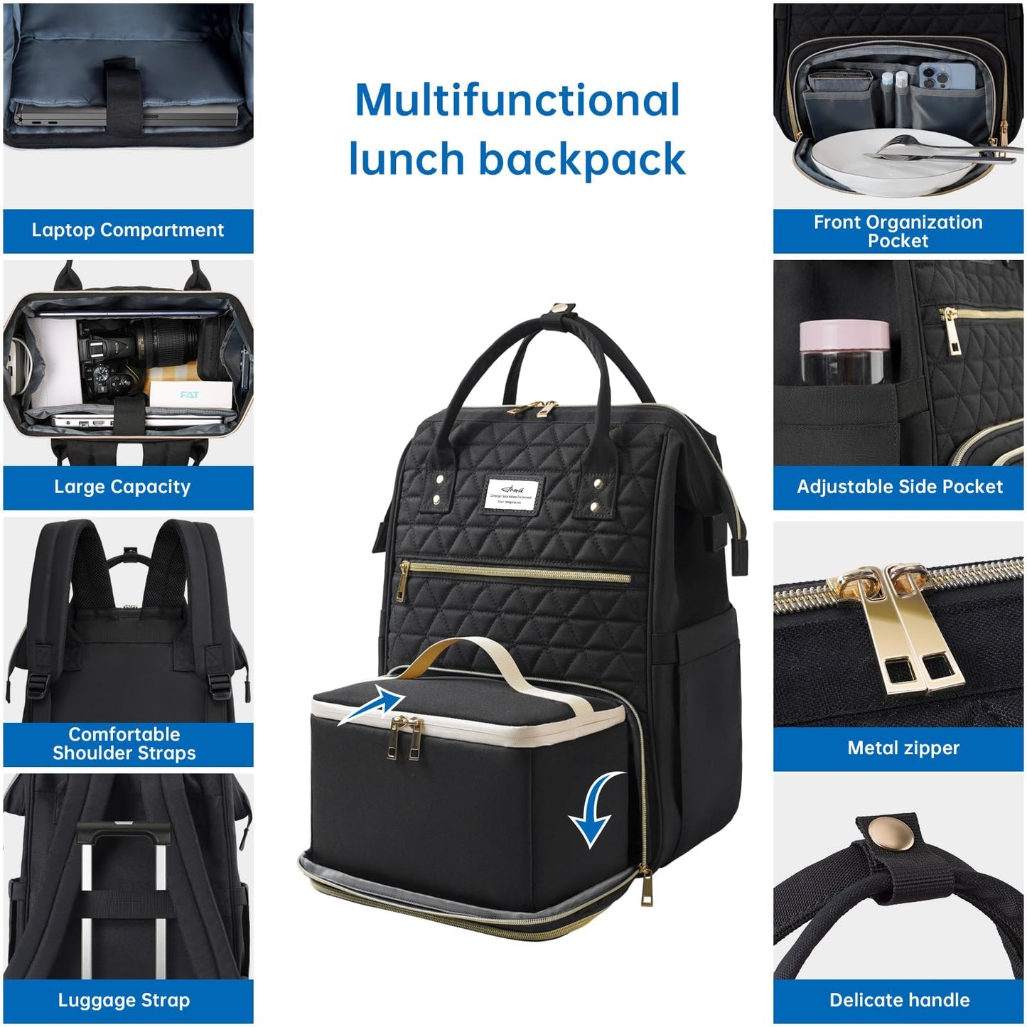 ETRONIK Lunch Backpack for Women, 17.3 in Laptop Bag with USB Charging Port, Teacher Nurse Work Backpacks Insulated Cooler Bag Gifts Women Men Travel, Black