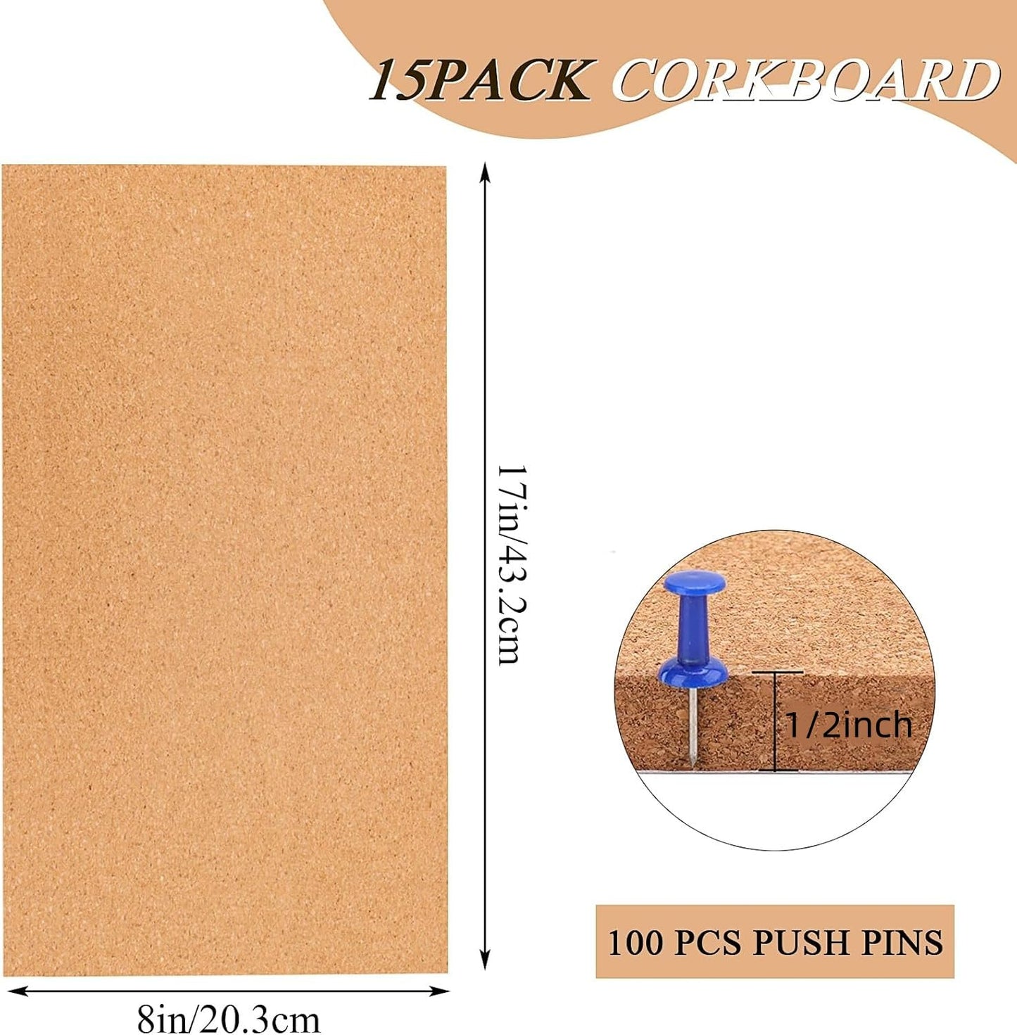 15 Pack Cork Bulletin Board 17 x 8 Inch, 1/2'' Thick Cork Board Tiles Self Adhesive Cork Board Frameless Cork Tiles Wall Decor with 100 Pushpins for School Home Office