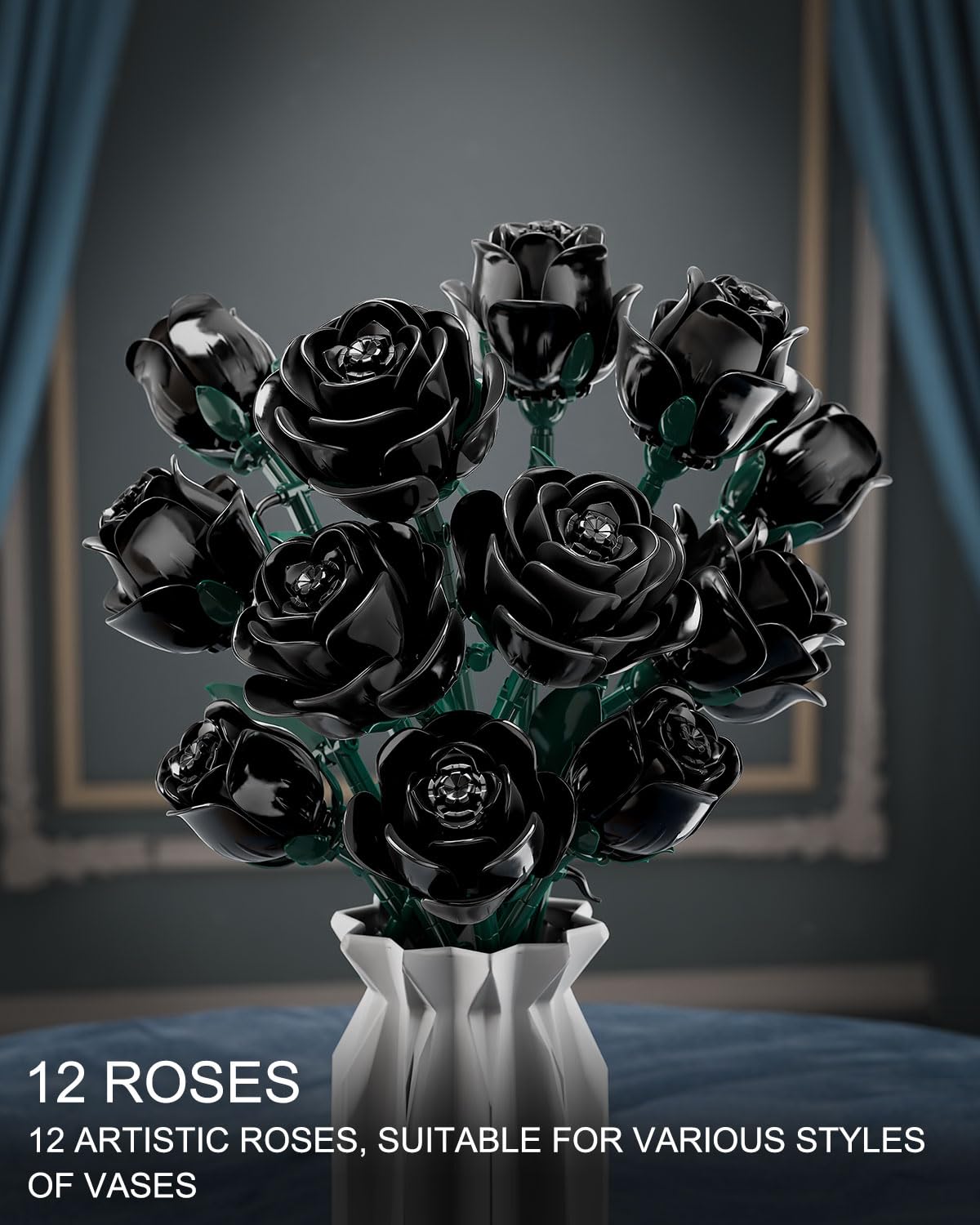 TYCOLE Black Roses Flower Building Set, Halloween Artificial Bouquet Kit Compatible with Legos Bricks - Indoor Plant Decorations for Home & Office - Romantic Gift for Women and Girls 6+