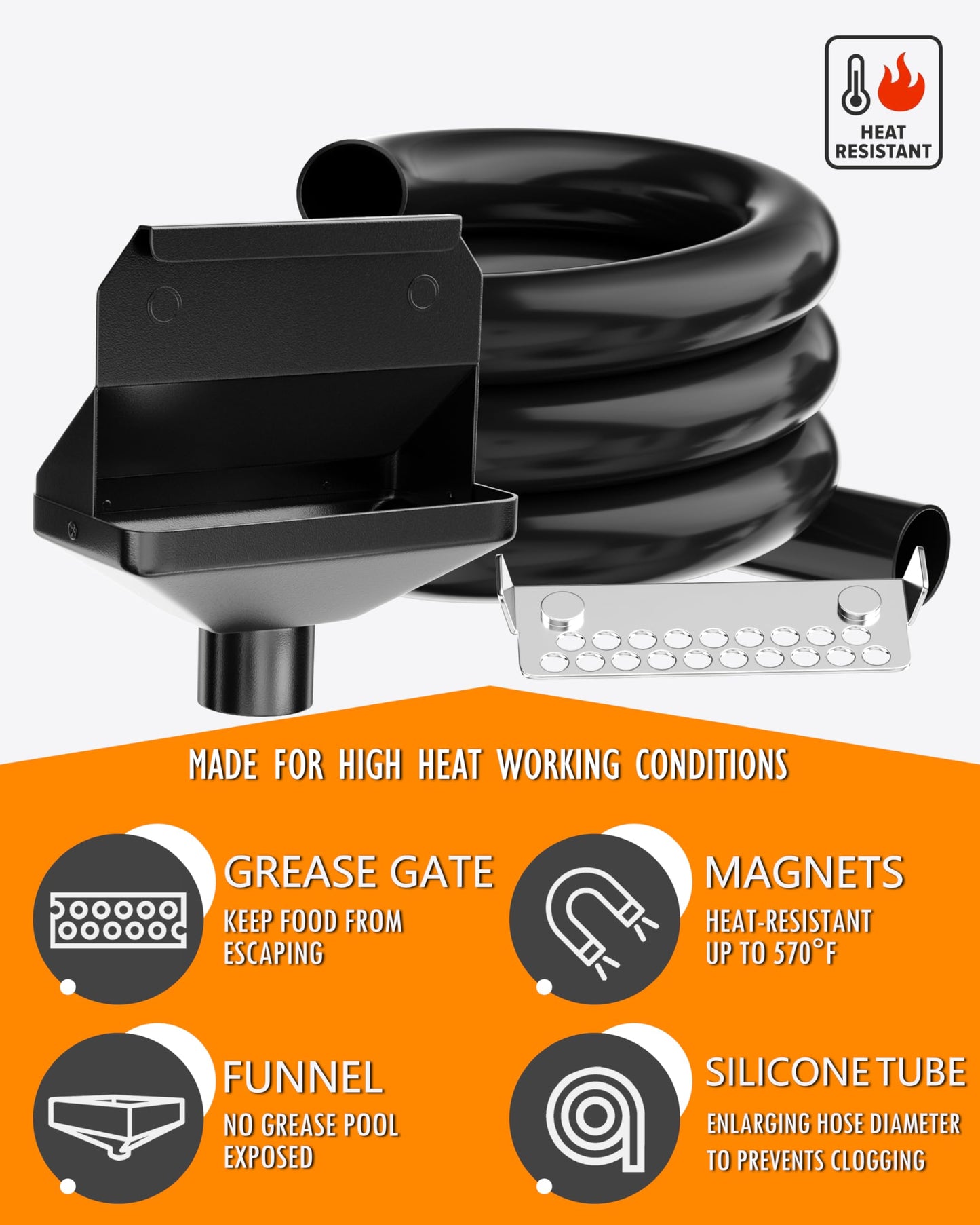 Upgraded Rear Grease Catcher for Blackstone, Enclosed Grease Trap & Grease Funnel with Removable Magnetic Grease Gate & Larger Diameter Silicone Hose, No Clogging, Blackstone Griddle Accessories