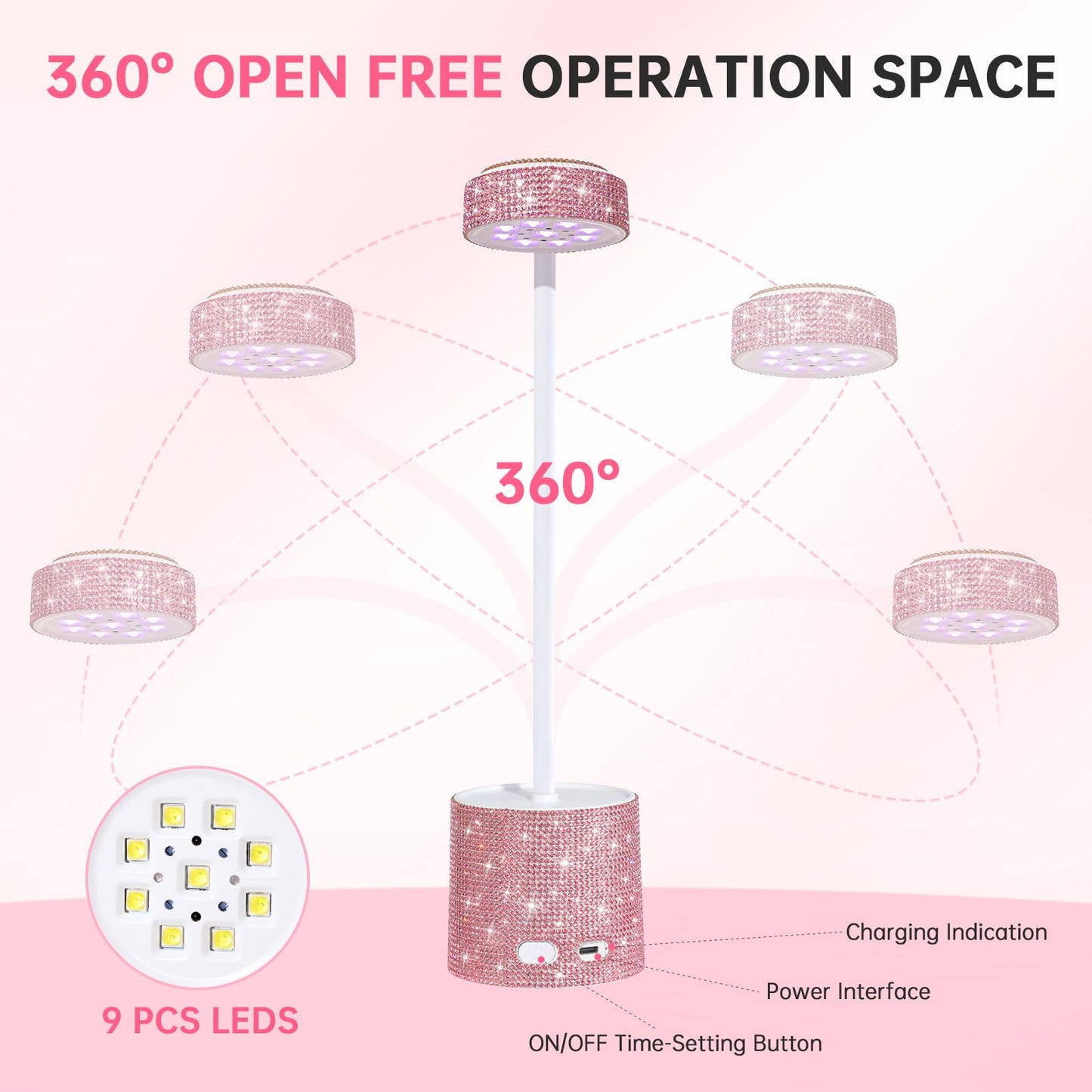 CHRISTINE SHELLY UV LED Nail Lamp, Mini UV Light for Gel Nails Polish, Rechargeable LED Flash Cure Nail Dryer, Quick Drying Goosenecks UV Nail Lamp for Home Nail Salon DIY Manicure, Pink Diamond