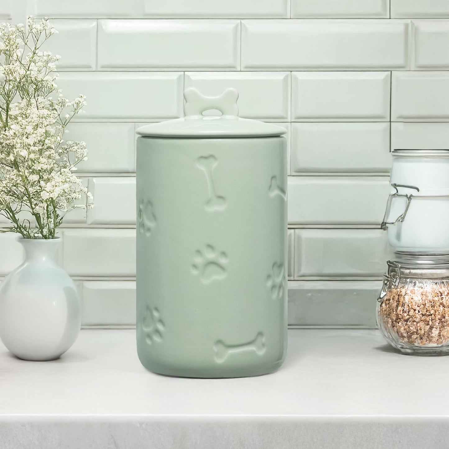 NIXBYO Dog Treat Container Airtight - 9"x5" Green Large Ceramic Dog Treat Jar for Kitchen Counter, Dog Cookie Jar with Lid - Farmhouse Style Dog Food Storage Container for Dogs, Cats, Pets