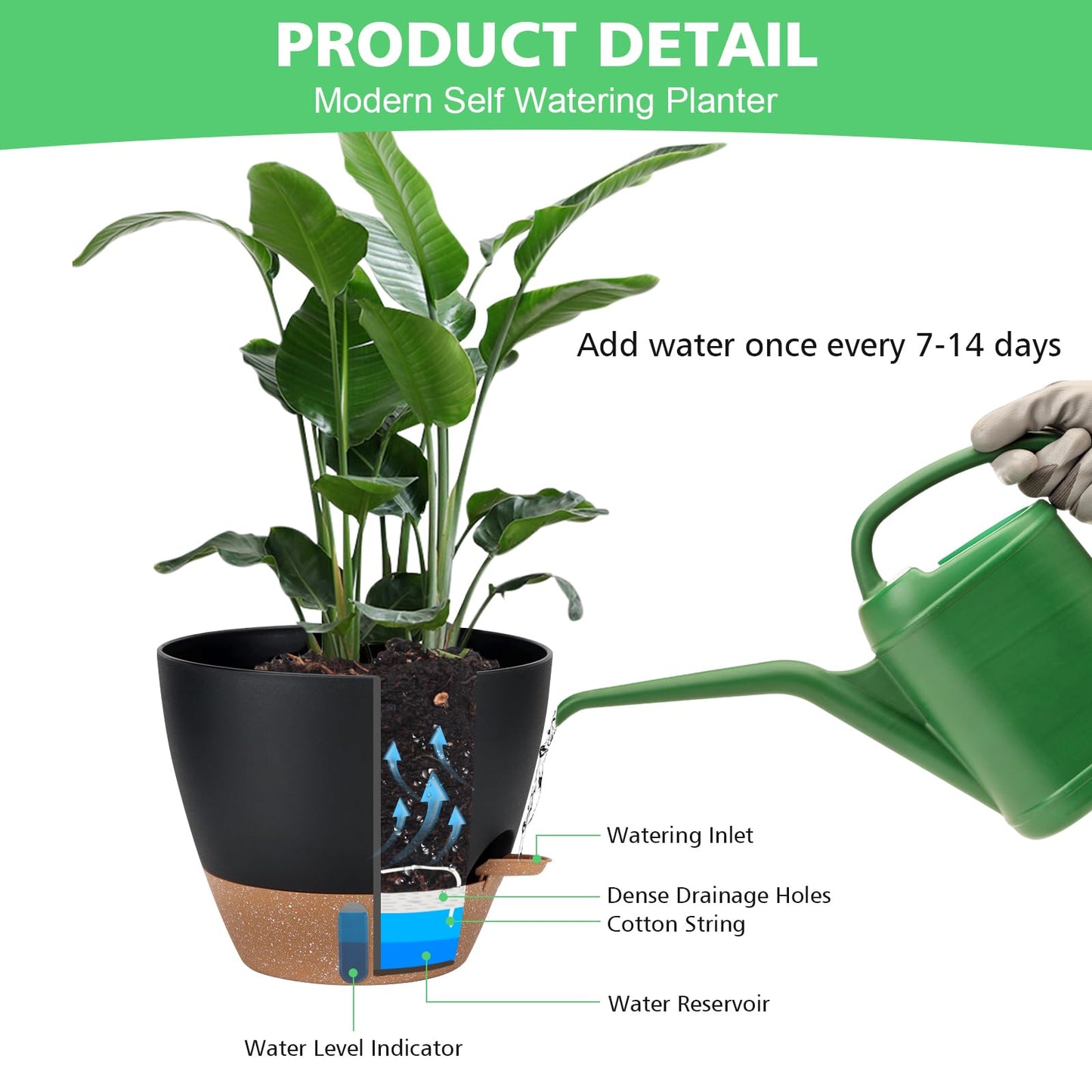 12" 10" 9" 8" Self Watering Pots with Water Level Indicator, Large Plastic Planters Set with Mesh Drainage Hole and Removable Saucer Reservoir, Big Flower Pot for Indoor Outdoor Plants - Black