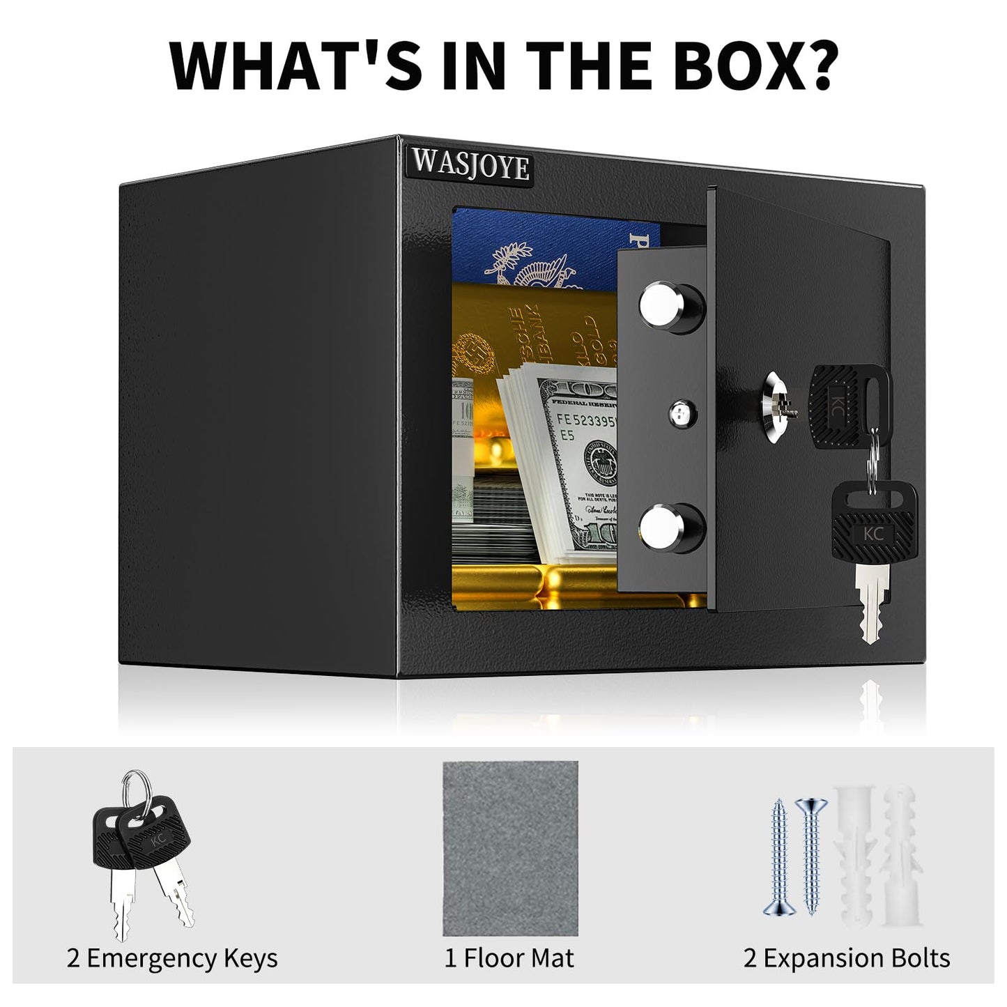 WASJOYE Home Cabinet Safe Box, Key Lock Coffre Fort High Security Safety Box, 0.5 Cubic Feet Steel Safes for Home/Office/Hotel, Cabinet Safe Box for Money Cash Jewelry Medicine Passport